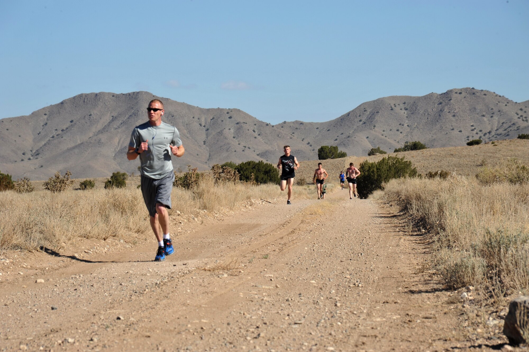 A 5-kilometer run was one of the events at the 21st Ordnance Company Challenge, a three-day team competition at Kirtland testing physical and mental fitness. (Photo by Ken Moore)