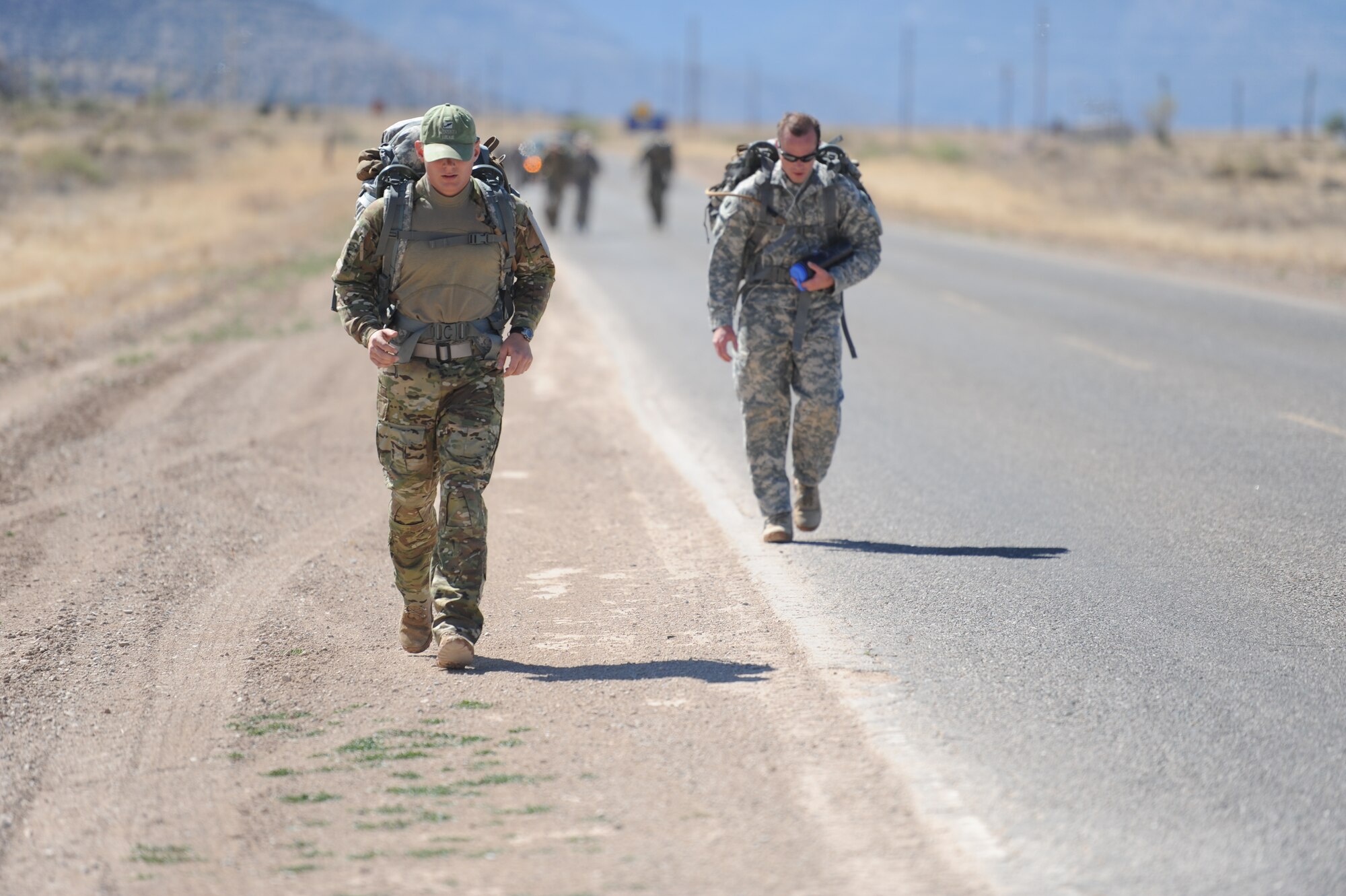 A rucksack march was one of the events at the 21st Ordnance Company Challenge, a three-day team competition at Kirtland testing physical and mental fitness. (Photo by Todd Berenger)