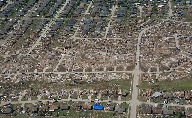 The path of a recent tornado in Moore, Okla., May 22, 2013. A tornado categorized as an EF5, the strongest category possible, with winds ranging from 200 to 210 mph struck Moore on May 20, 2013. The Oklahoma Office of the Chief Medical Examiner reports 24 fatalities related to Monday's storms. (U.S. Air Force photo by Tech. Sgt. Bradley C. Church)