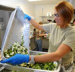 Staff Sgt. Candy Webb, the NCO in charge of public health for the 71st Medical Operations Squadron, pours chopped vegetables into a pan for stir frying during the Singles’ International Gourmet Meal Opportunity held May 20 in the Community Chapel Activity Center at Vance Air Force Base, Okla. (U.S. Air Force photo/ Senior Airman Frank Casciotta)