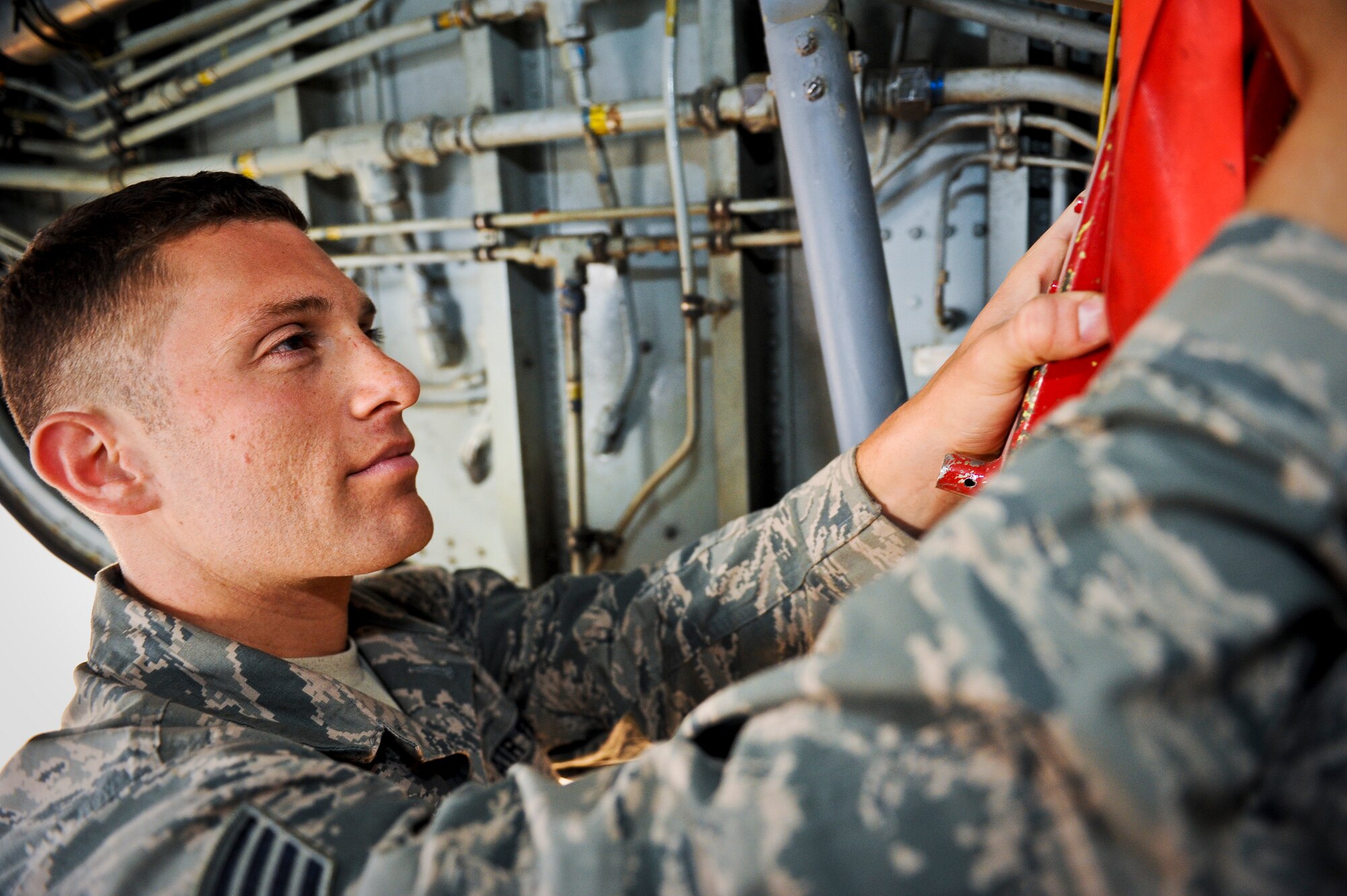 Staff Sgt. Ray Demarco performs pre-flight checks on aircraft “57-1419,” May 18, 2013, at the 379th Air Expeditionary Wing in Southwest Asia. Demarco is a 340th Aircraft Maintenance Unit crew chief deployed from the 108th Air National Guard Wing at McGuire AFB, N.J. Aircraft 57-1419 is a KC-135 Stratotanker deployed from the 190th Air Refueling Wing of the Kansas Air National Guard. (U.S. Air Force photo/Senior Airman Benjamin Stratton)