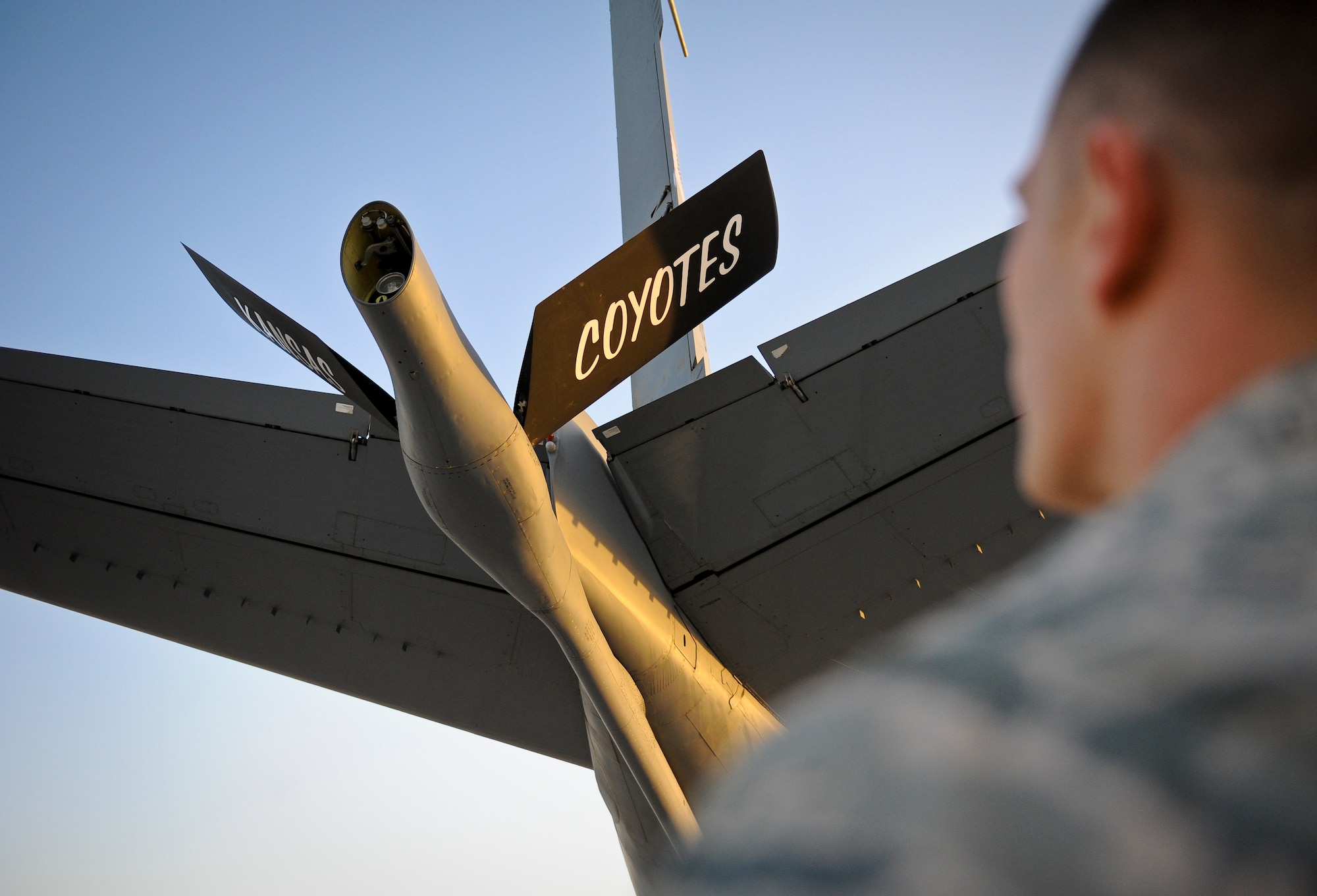 Staff Sgt. Ray Demarco performs pre-flight checks on aircraft “57-1419,” May 18, 2013, at the 379th Air Expeditionary Wing in Southwest Asia. Demarco is a 340th Aircraft Maintenance Unit crew chief deployed from the 108th Air National Guard Wing at McGuire AFB, N.J. Aircraft 57-1419 is a KC-135 Stratotanker deployed from the 190th Air Refueling Wing of the Kansas Air National Guard. (U.S. Air Force photo/Senior Airman Benjamin Stratton)