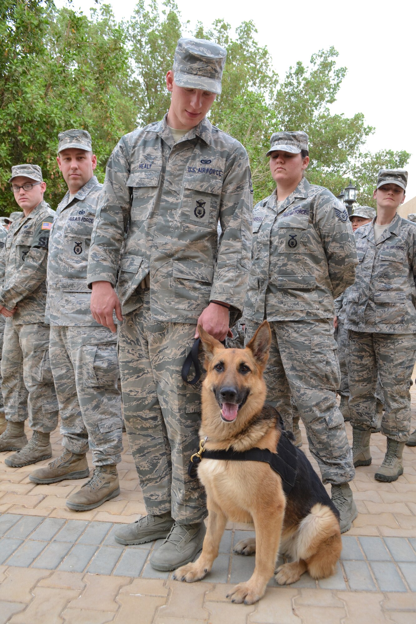 Military working dog Lea stands with Staff Sgt. Andrew Healy before the retreat ceremony as part of the Police Week activities at Eskan Village in Southwest Asia, May 15, 2013. Healy is a 64th Expeditionary Security Forces Squadron military working dog handler. Members from the 64th ESFS performed a roll call for all the fallen police officers and MWDs prior to lowering the flag. (U.S. Air Force photo/Staff Sgt. Jason Colbert)