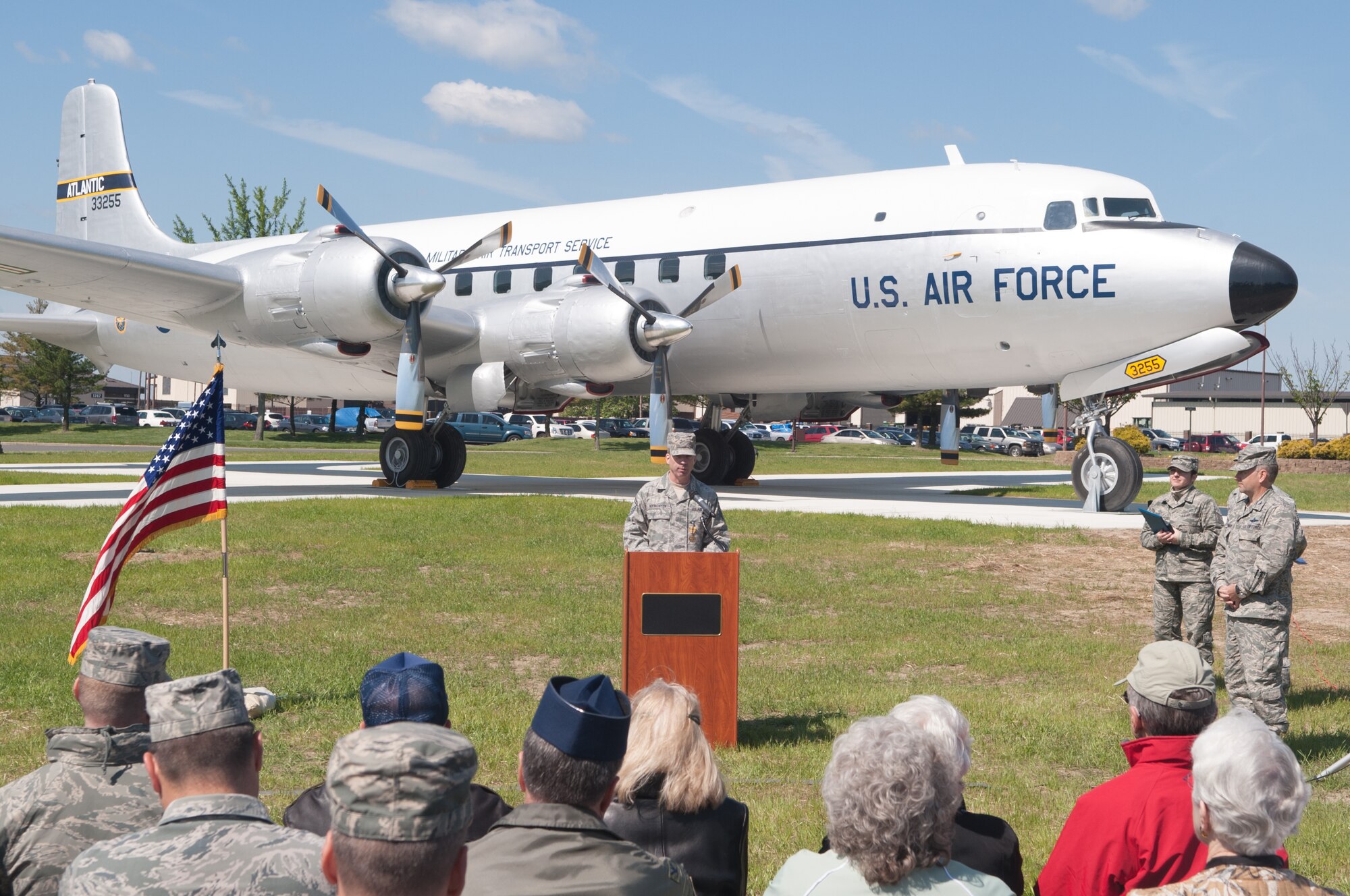 Senior Master Sgt. Chris Hofrichter, 514th Maintenance Operations Flight superintendent and C-118 Liftmaster restoration project manager, thanks his team of volunteers and all who had a hand in the almost four-year restoration project during a ceremony May 14, 2013, at the circle in front of the McGuire Passenger Terminal at Joint Base McGuire-Dix-Lakehurst, N.J. (U.S. Air Force photo by Wayne Russell/Released)