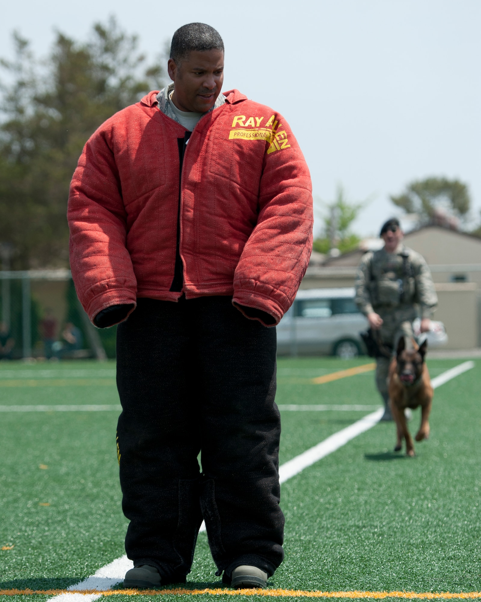 KUNSAN AIR BASE, Republic of Korea – Chief Master Sgt. Phillip Robinson, 8th Fighter Wing command chief runs to a stop, as Iian, 8th Security Forces Squadron military working dog closes in during an 8th SFS National Police Week MWD demonstration at the base soccer field, May 14, 2013. The “running bite” command is given to MWD’s when a suspect resists arrest. More than 30 base members watched Iian, a 10-year-old Belgian Malinois take down Robinson, during the National Police Week event. (U.S. Air Force photo by Staff Sgt. Tong Duong/ Released)