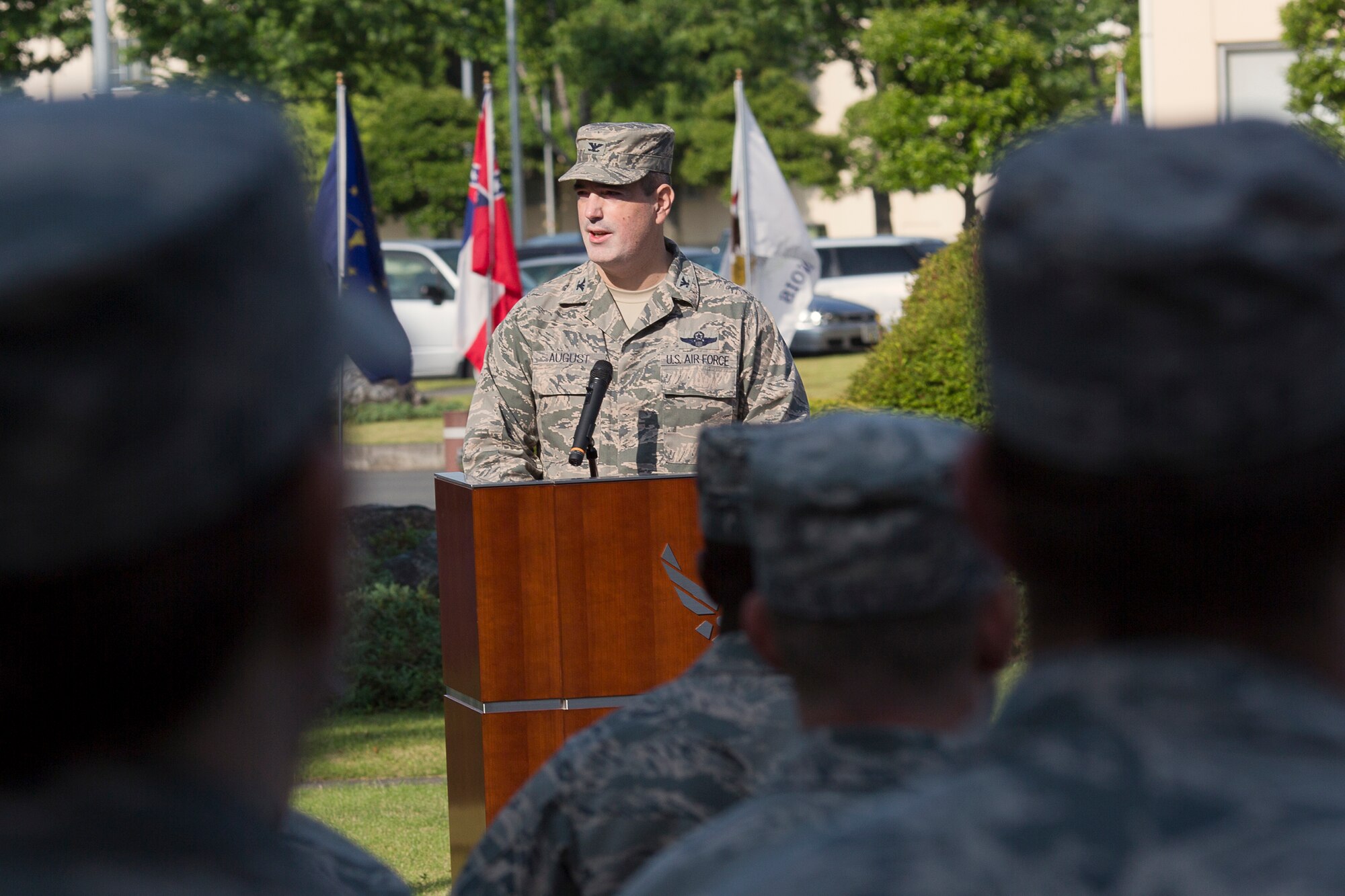 YOKOTA AIR BASE, Japan -- Col. Mark August, 374th Airlift Wing commander, delivers remarks during the Memorial Day ceremony at Yokota Air Base, Japan, May 23, 2013. (U.S. Air Force photo by Osakabe Yasuo)
