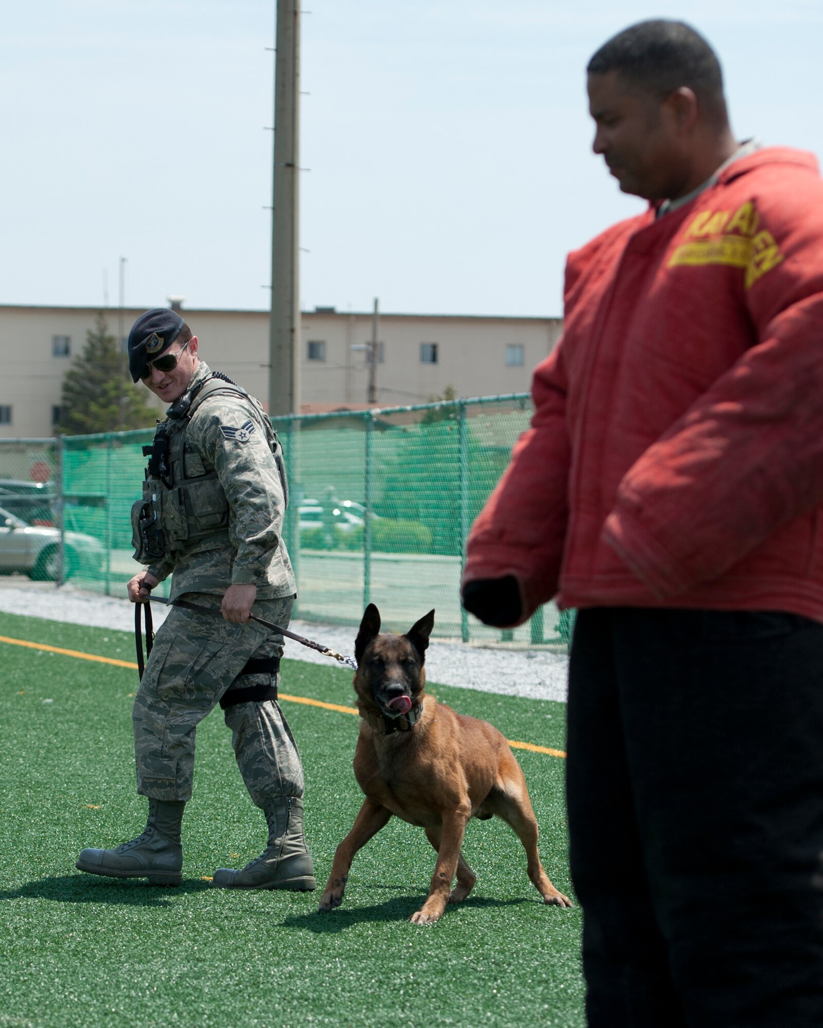 KUNSAN AIR BASE, Republic of Korea – Chief Master Sgt. Phillip Robinson, 8th Fighter Wing command chief, right, readies himself, as Senior Airman Aaron Reason, 8th Security Forces Squadron military working dog handler, leads Iian, 8th SFS MWD to the proper position for an MWD demonstration at the base soccer field, May 14, 2013.  More than 30 base members watched the event, which sought to bring awareness to National Police Week, May 12 to 18, an observance honoring all law-enforcement professional who have fallen in the line of duty. (U.S. Air Force photo by Staff Sgt. Tong Duong/ Released)