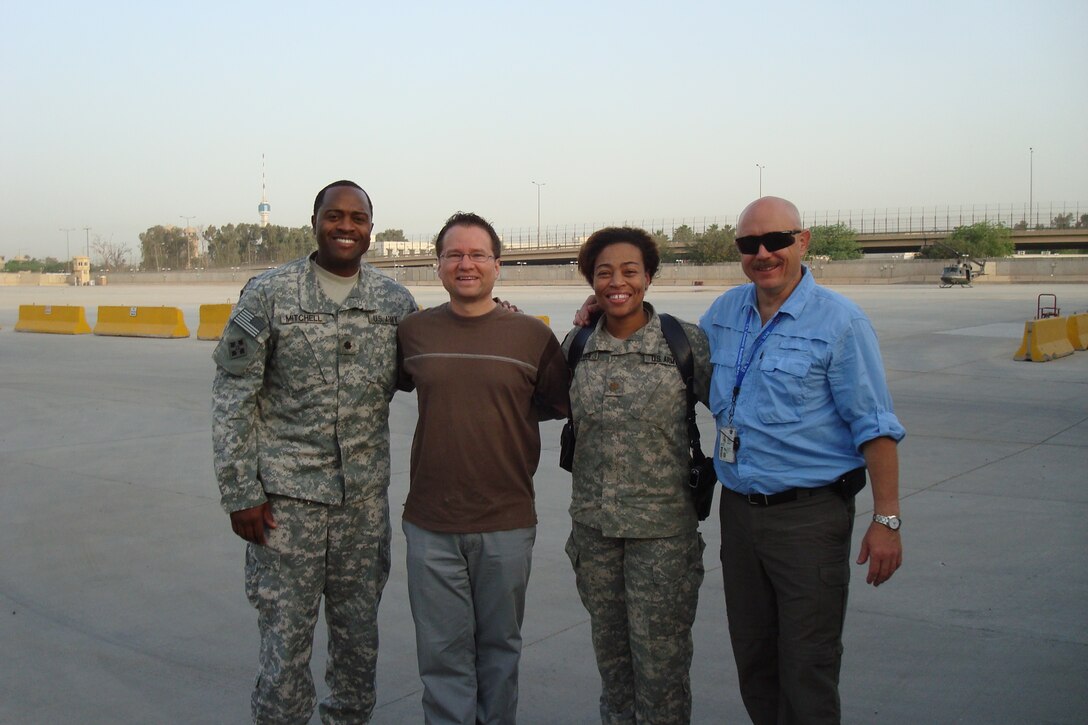 From left, Lt. Col. Anthony Mitchell, officer in charge, Iraq Area Office; Joseph Zaraszczak, Middle East District branch chief; Maj. Andrea Peters, deputy officer in charge; and Bryton Johnson, Transatlantic Division FMS program manager. (Photo courtesy of Joseph Zaraszczak)