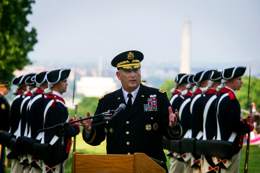 Army Chief of Staff Gen. Ray Odierno makes remarks as host of the Twilight Tattoo at Whipple Field on Joint Base Myer-Henderson Hall, Va., May 22, 2013. 