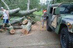 Louisiana National Guardsman, 1st Sgt. Gary Burchfield of Headquarters and Headquarters Company, 3rd Battalion, 156th Infantry Regiment helps residents of Lake Charles, La., move a tree out of the road. Hurricane Ike's winds caused trees to uproot and flooding all around the Lake Charles area.