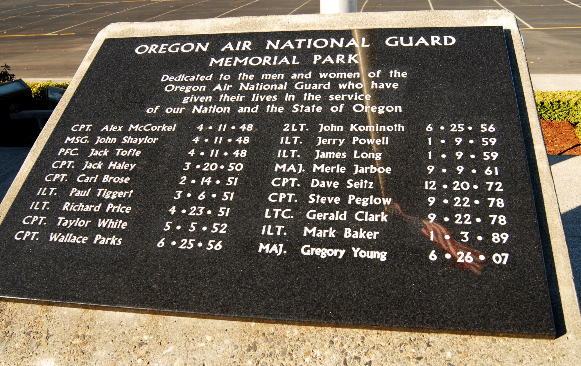 The Oregon Air National Guard’s Memorial Park at the Portland Air NationalGuard Base, Portland, Ore., honors the postwar service losses of Oregon’s Air National Guardsmen.  The Air Guardsmen named in this memorial article are the first three names on the list, though we honor all on Memorial Day. (Air National Guard photo by Tech. Sgt. John Hughel, 142nd Fighter Wing Public Affairs)