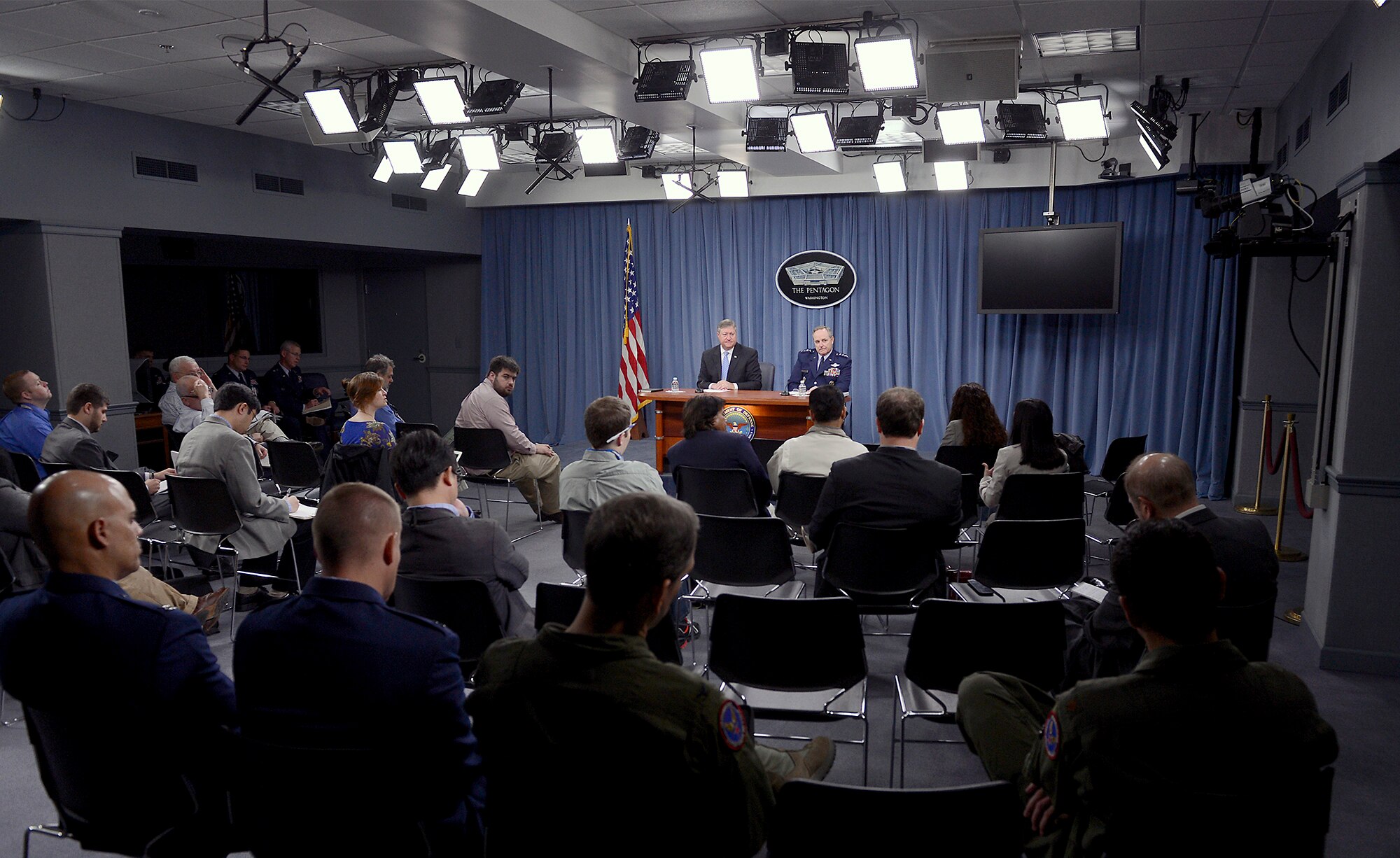 Secretary of the Air Force Michael Donley and Air Force Chief of Staff Gen. Mark A. Welsh III field questions from members of the Pentagon press corps  at the Pentagon, May 24, 2013.  During the press briefing, Donley and Welsh addressed the force structure, readiness and modernization challenges the Air Force is facing in the current fiscal environment.  (U.S. Air Force photo/Scott M. Ash)