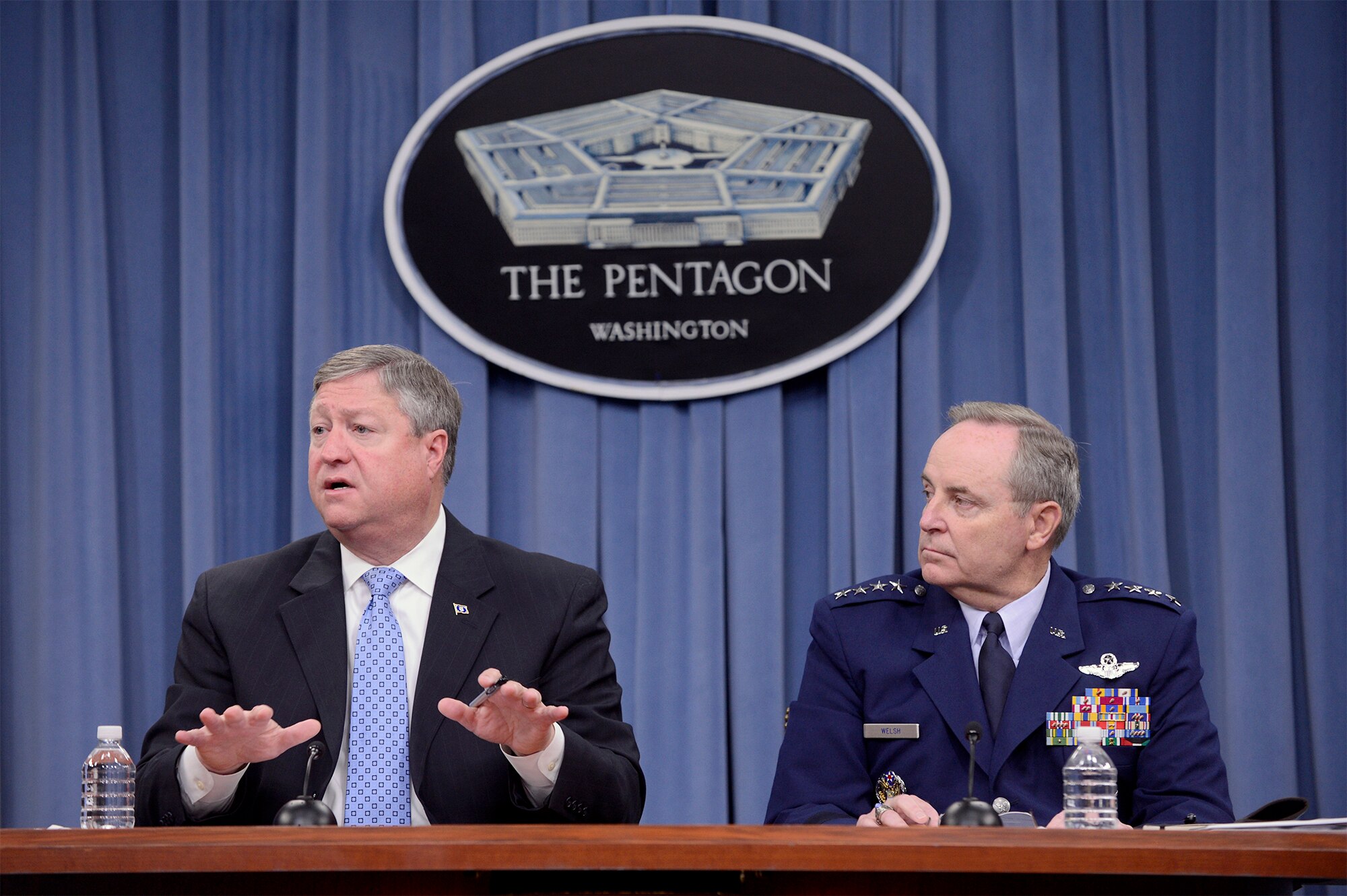 Secretary of the Air Force Michael Donley and Air Force Chief of Staff Gen. Mark A. Welsh III field questions from members of the Pentagon press corps  at the Pentagon, May 24, 2013.  During the press briefing, Donley and Welsh addressed the force structure, readiness and modernization challenges the Air Force is facing in the current fiscal environment.  (U.S. Air Force photo/Scott M. Ash)