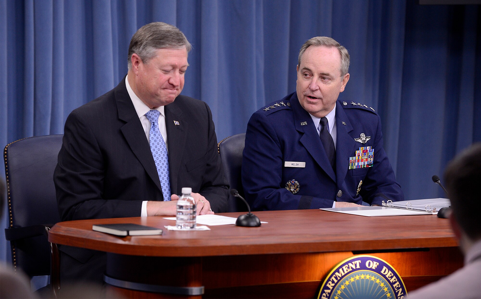 Secretary of the Air Force Michael Donley and Air Force Chief of Staff Gen. Mark A. Welsh III field questions from members of the Pentagon press corps  at the Pentagon, May 24, 2013.  During the press briefing, Welsh thanked Donley and his wife, Gail, for their leadership and humble service to the nation.  Donley will step down from his position June 21, after serving more than five years as secretary of the Air Force.  (U.S. Air Force photo/Scott M. Ash)