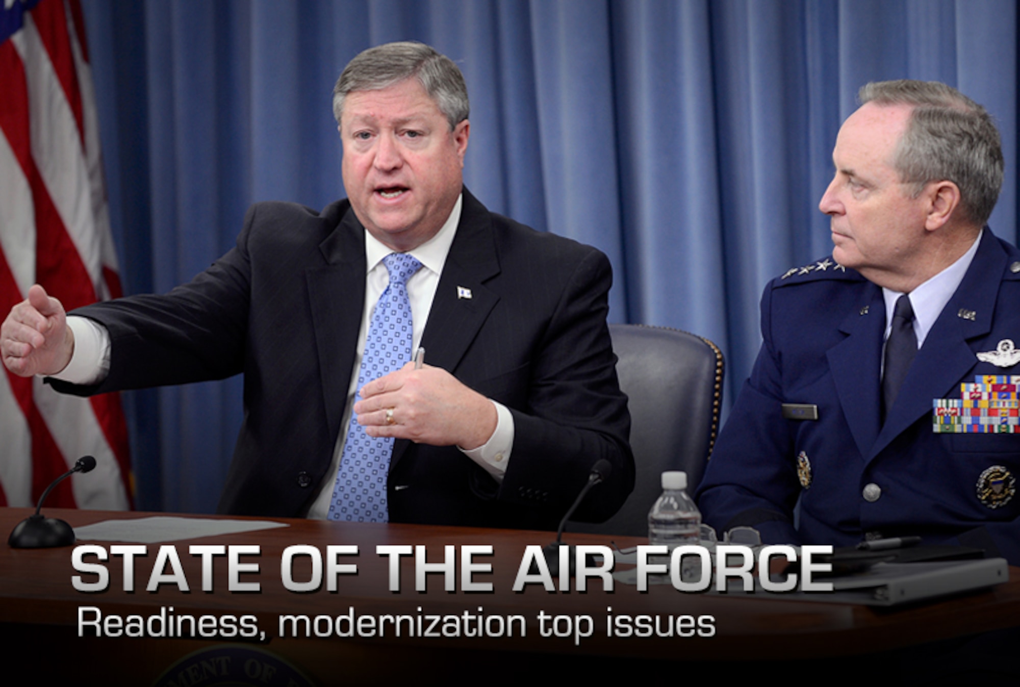 Secretary of the Air Force Michael Donley and Air Force Chief of Staff Gen. Mark A. Welsh III field questions from members of the Pentagon press corps at the Pentagon, May 24, 2013. During the press briefing, Donley and Welsh addressed the force structure, readiness and modernization challenges the Air Force is facing in the current fiscal environment.  (U.S. Air Force photo/Scott M. Ash)