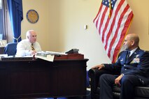 Air Force Reserve Col. James Dignan (right), commander of the 910th Airlift Wing, based at Youngstown Air Reserve Station (YARS), Ohio talks with Congressman Mike Kelly, Pennsylvania 3rd district, on Capitol Hill here, May 15, 2013. Col. Dignan visited the congressman’s office to discuss the 910th’s mission as well as several issues concerning the unit and installation as part of the commander’s Air Force Reserve Capitol Hill Visit program, May 15 and 16, 2013. The primary purpose of the program is to assist commanders in improving and building on relationships established with Congressional delegations and to increase their unit’s visibility with members of Congress. U.S. Air Force photo by Master Sgt. Bob Barko Jr.