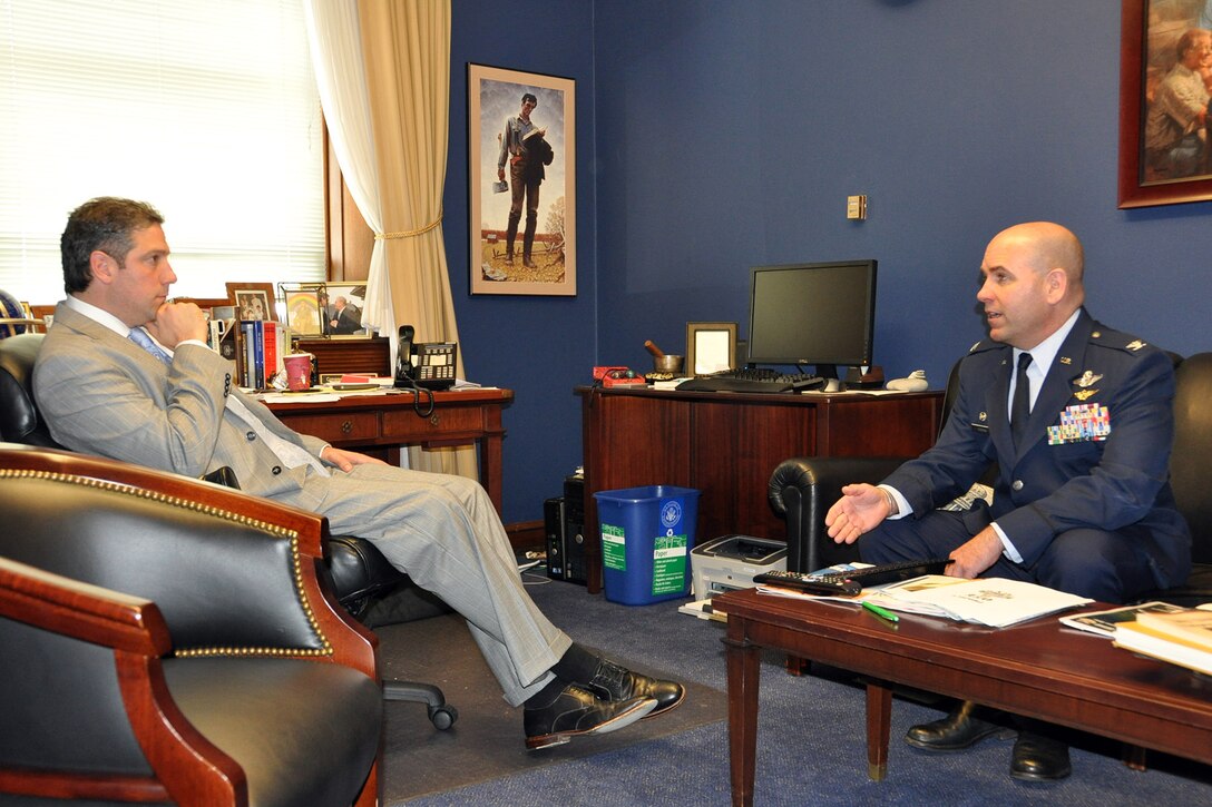 Air Force Reserve Col. James Dignan (right), commander of the 910th Airlift Wing, based at Youngstown Air Reserve Station (YARS), Ohio talks with Congressman Tim Ryan, Ohio 13th district, on Capitol Hill here, May 15, 2013. Col. Dignan visited the congressman’s office to discuss the 910th’s mission as well as several issues concerning the unit and installation as part of the commander’s Air Force Reserve Capitol Hill Visit program, May 15 and 16, 2013. The primary purpose of the program is to assist commanders in improving and building on relationships established with Congressional delegations and to increase their unit’s visibility with members of Congress. U.S. Air Force photo by Master Sgt. Bob Barko Jr.