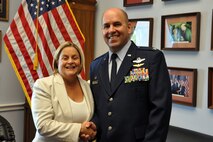 Air Force Reserve Col. James Dignan (right), commander of the 910th Airlift Wing, based at Youngstown Air Reserve Station (YARS), Ohio shakes hands with Congresswoman Ileana Ros-Lehtinen, Florida 27th district, on Capitol Hill here, May 15, 2013. Col. Dignan visited the congresswoman’s office to discuss the 910th’s Aerial Spray mission as part of the commander’s Air Force Reserve Capitol Hill Visit program, May 15 and 16, 2013. The 910th’s Aerial Spray mission provides mosquito control at Homestead Air Reserve Base, Florida, located in Congresswoman Ros-Lehtinen’s district. The primary purpose of the program is to assist commanders in improving and building on relationships established with Congressional delegations and to increase their unit’s visibility with members of Congress. U.S. Air Force photo by Master Sgt. Bob Barko Jr.