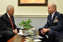 Air Force Reserve Col. James Dignan (right), commander of the 910th Airlift Wing, based at Youngstown Air Reserve Station (YARS), Ohio talks with Congressman Bill Johnson, Ohio 6th district, on Capitol Hill here, May 15, 2013. Col. Dignan visited the congressman’s office to discuss the 910th’s mission as well as several issues concerning the unit and installation as part of the commander’s Air Force Reserve Capitol Hill Visit program, May 15 and 16, 2013. The primary purpose of the program is to assist commanders in improving and building on relationships established with Congressional delegations and to increase their unit’s visibility with members of Congress. U.S. Air Force photo by Master Sgt. Bob Barko Jr.