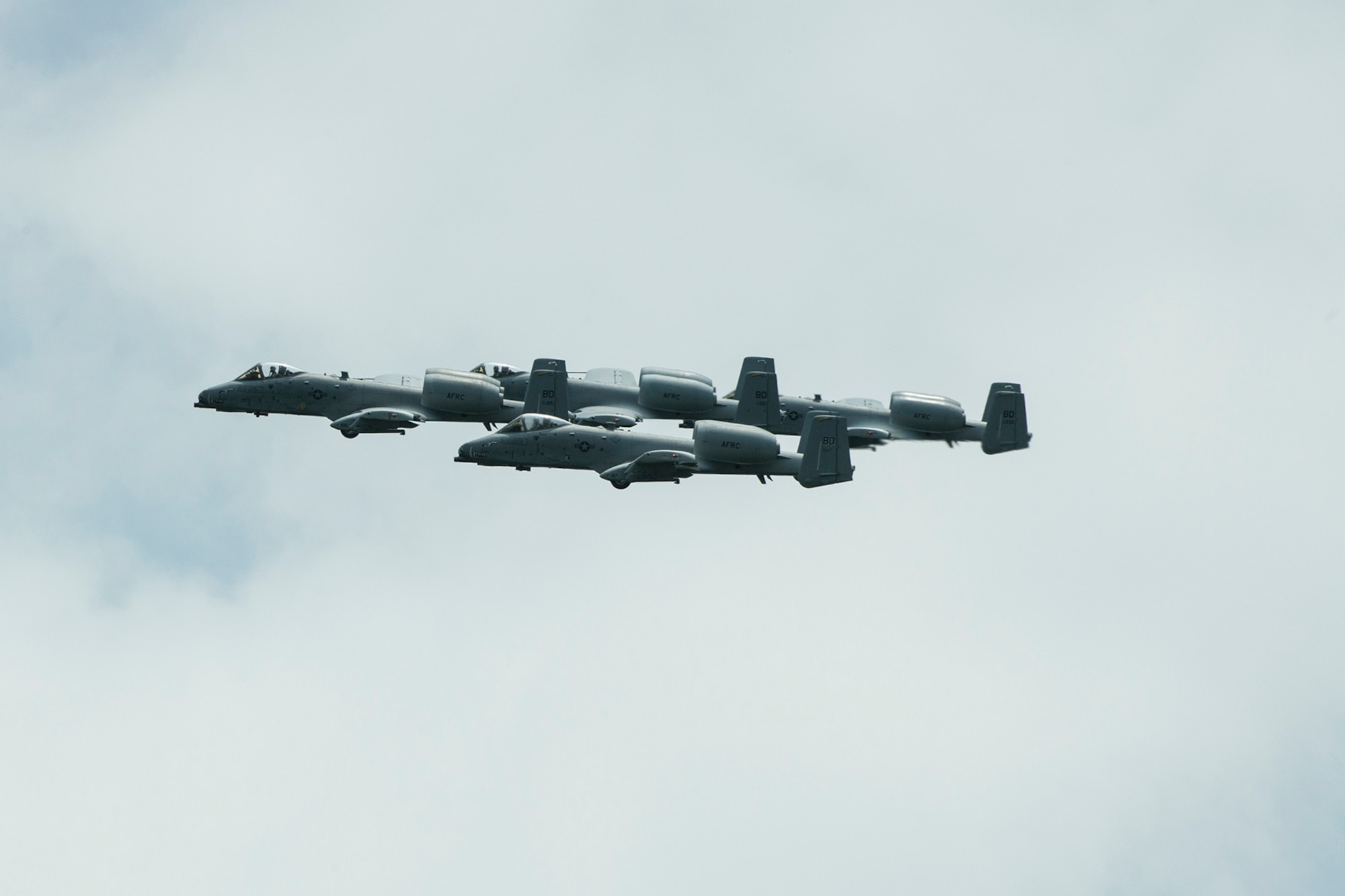 Four A-10 Thunderbolt IIs fly in formation as they leave the Claiborne Bombing and Gunnery Range for the last time, May 22, 2013, Kisatchie National Forest, Louisiana. The aircraft are assigned to the 917th Fighter Group at Barksdale Air Force Base, La., which is scheduled to be inactivated in September 2013. ((U.S. Air Force photo by Master Sgt. Greg Steele/Released)