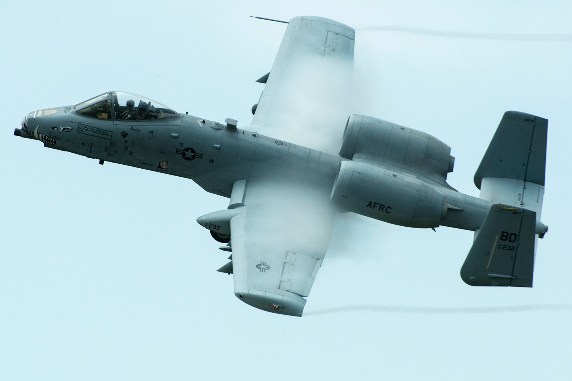 Water vapor forms a cloud on the wings of an A-10 Thunderbolt II during a mission over the Claiborne Bombing and Gunnery Range, May 22, 2013, Kisatchie National Forest, La. The A-10 is assigned to the 917th Fighter Group at Barksdale Air Force Base, La., which is scheduled to be inactivated in September 2013. (U.S. Air Force photo by Master Sgt. Greg Steele/Released)