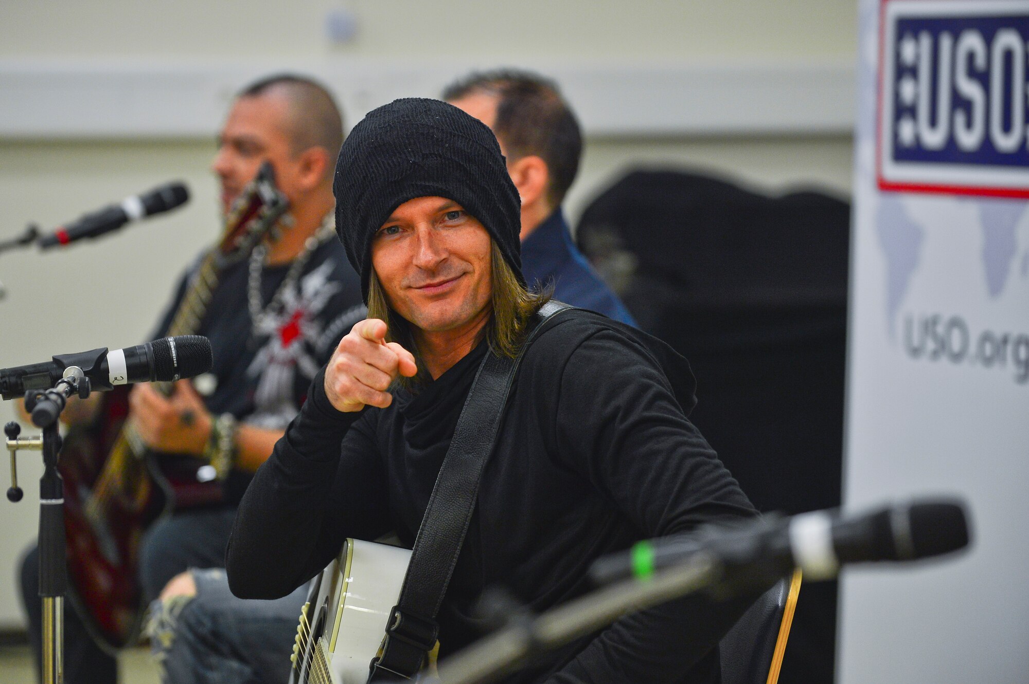 Patrick Stone, musician, performs for wounded warriors  at the Contingency Aeromedical Staging Facility on Ramstein Air Base, Germany, May 21, 2013. The Traveling Guitar Foundation embarked on its first USO tour of Germany. (U.S. Air Force photo/Airman 1st Class Jordan Castelan)