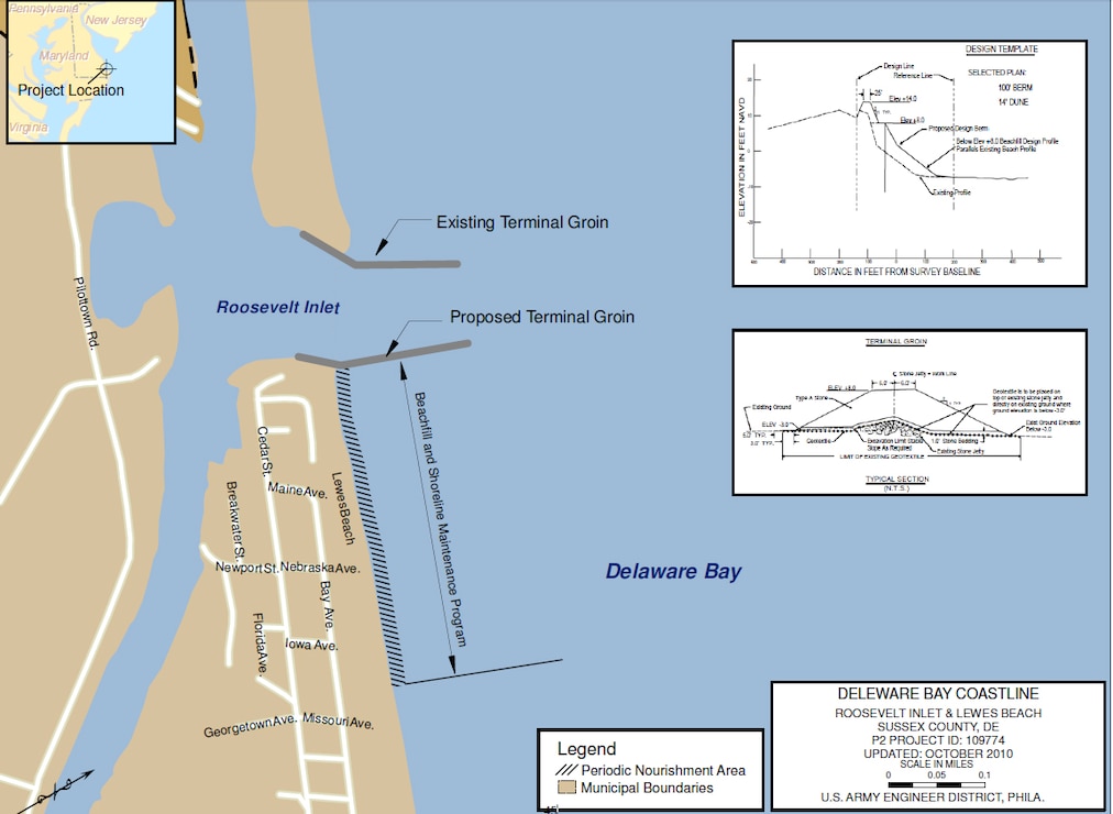 The Roosevelt Inlet-Lewes Beach project includes 1400 feet of beachfill with a 100 foot wide berm and a dune 15 feet above mean sea level.  