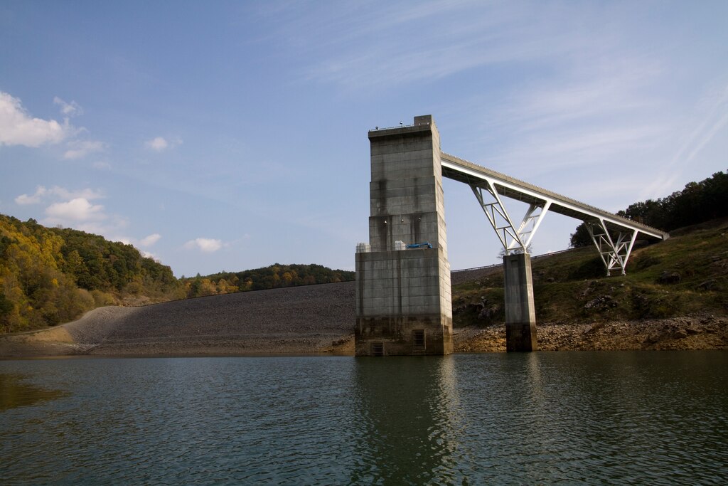 Gathright Dam's intake tower stands out in Lake Moomaw Oct. 13, 2010. The dam and Lake Moomaw Project provide flood protection of industrial, commerical and residential properties along the Jackson and James rivers with immediate impact on Covington, Va.

 