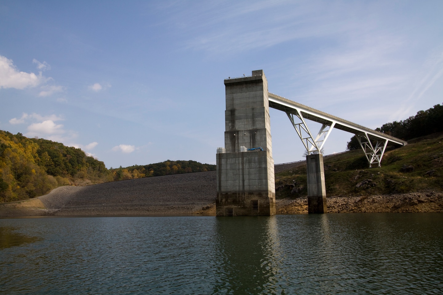 Gathright Dam's intake tower stands out in Lake Moomaw Oct. 13, 2010. The dam and Lake Moomaw Project provide flood protection of industrial, commerical and residential properties along the Jackson and James rivers with immediate impact on Covington, Va.

 