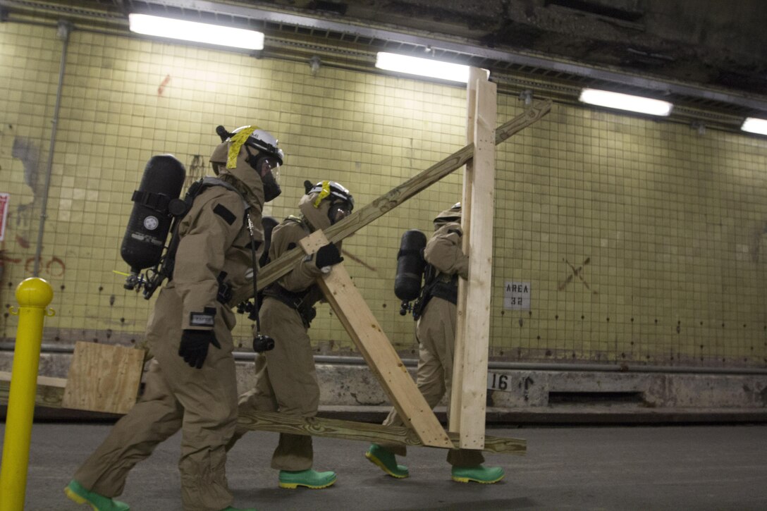 Marines and sailors assigned to the Chemical, Biological, Radiological and Nuclear (CBRN), Assessment and Consequence Management (ACM) team, 26th Marine Expeditionary Unit (MEU), conducted training scenarios for two weeks at CNR, a flexible training complex that provides multi-scenario exercises for the military or joint operations with military and first responders. The 26th MEU CBRN/ACM Team is the first fully trained, certified and equipped team to deploy with a MEU, which is slated to deploy in 2013. (U.S. Marine Corps photo by Cpl. Christopher Q. Stone/Released)