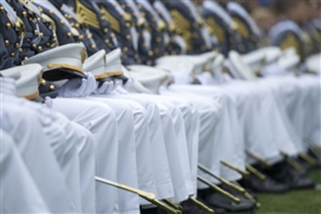 Cadets listen to Defense Secretary Chuck Hagel speak at the commencement ceremony for the U.S. Military Academy in West Point, N.Y., May 25, 2013. 