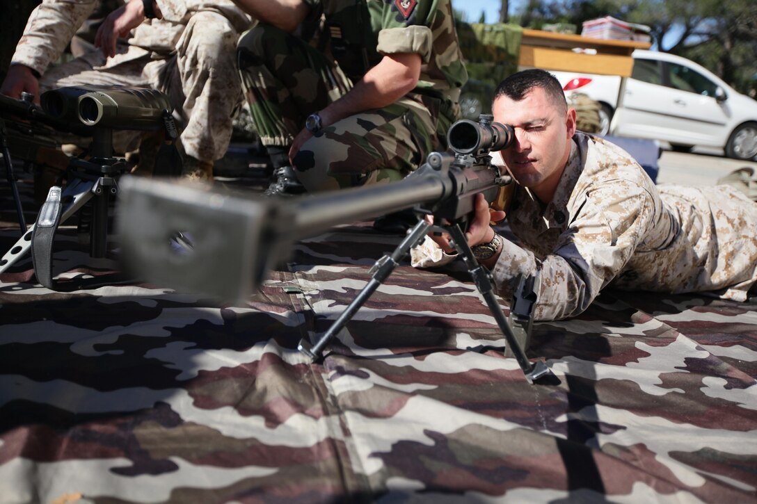 United States Marines of 5th Marine Regiment, 1st Marine Division participated in a training exhibition with the French 21st Marine Infantry Regiment, in Frejus, France, May 23. Throughout the day, the U.S. Marines demonstrated techniques of the Marine Corps Martial Arts Program and afterwards took part in the French marines' obstacle course. After completing their training, the U.S. Marines visited a static display of French weaponry and the museum of the French Marines.