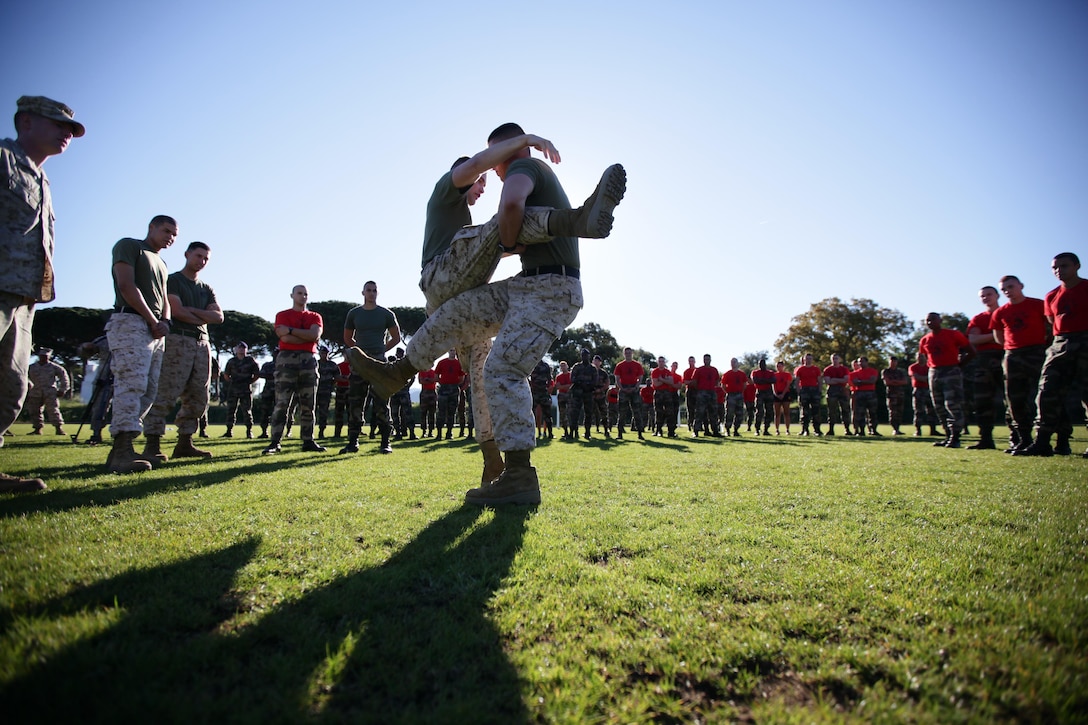 United States Marines of 5th Marine Regiment, 1st Marine Division participated in a training exhibition with the French 21st Marine Infantry Regiment, in Frejus, France, May 23. Throughout the day, the U.S. Marines demonstrated techniques of the Marine Corps Martial Arts Program and afterwards took part in the French marines' obstacle course. After completing their training, the U.S. Marines visited a static display of French weaponry and the museum of the French Marines.