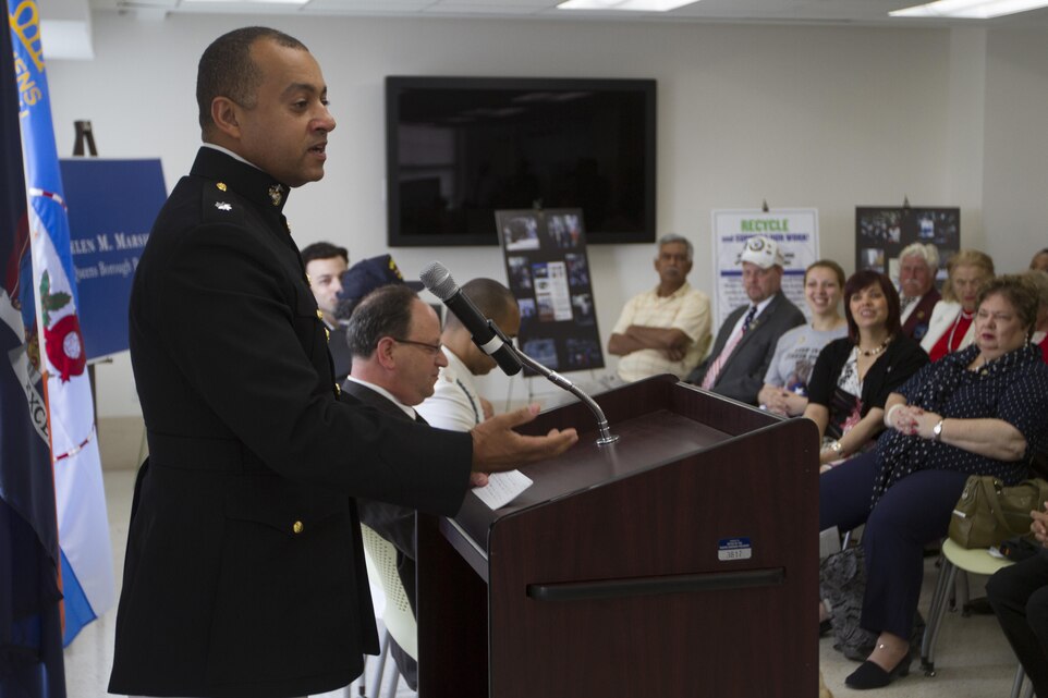 QUEENS, N.Y. -- Lt. Col. Arthur J. Woods, the operations officer of the 1st Marine Corps District, speaks to guests at the Queens Borough Memorial Day ceremony May 22, at the Queens Borough Hall.  During the ceremony, Woods spoke about the importance of Memorial Day.  (U.S. Marine Corps photo by Lance Cpl. Daniel E. Valle).