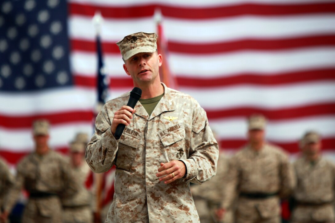 Col. William Lieblein, the commanding officer for Marine Aircraft Group 31, addresses an audience during MAG-31's change of command ceremony aboard Marine Corps Air Station, May 20. During the ceremony Col. Michael Cederholm relinquished command of MAG-31 to Lieblein after serving as MAG-31's commanding officer for two years.