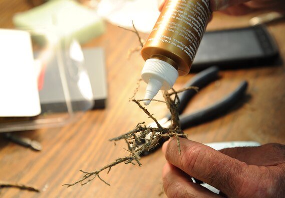 Ron Peterson, a U.S. Air Force retiree, puts glue at the bottom of a branch to add onto his train set he's building at Fairchild Air Force Base, Wash., May 21, 2013. Peterson has been building train sets since 1975. (U.S. Air Force photo/Airman 1st Class Janelle Patiño) 

