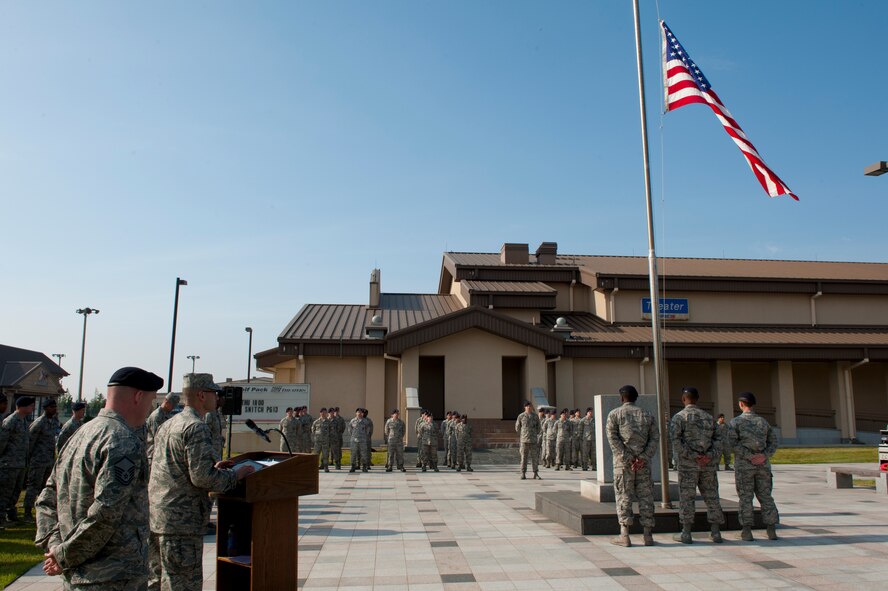 Maj. David Del Prado, 8th Fighter Wing chaplain, gives an invocation for 8th Security Forces Squadron and Wolf Pack members at Kunsan Air Base, Republic of Korea, May 15, 2013 during a ceremony. Del Prado’s invocation highlighted the continued efforts of 8th SFS personnel to defend the base with their lives. (U.S. Air Force photo by Staff Sgt. Jonathan Fowler/Released)