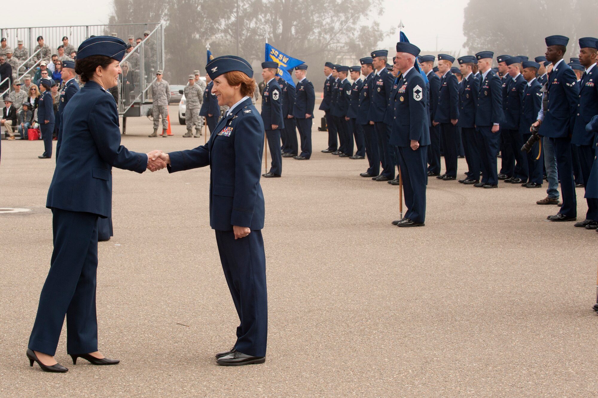 VANDENBERG AIR FORCE BASE, Calif. – Col. Nina Armagno, 30 Space Wing former commander, performs an inspection of the troops for the last time at Vandenberg AFB here Tuesday, May 28, 2013. Col. Keith Balts, 30th SW commander, assumed command from Armagno upon her selection for reassignment to the 45th Space Wing as the commander at Patrick AFB, Fla. (U.S. Air Force photo/Airman Yvonne Morales)