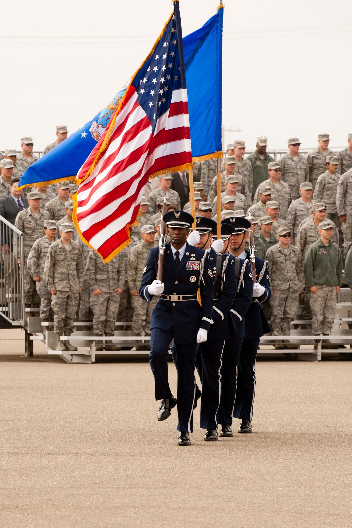VANDENBERG AIR FORCE BASE, Calif. – Base honor guard post the colors during a change-of- command here Tuesday, May 28, 2013. Col. Keith Balts, 30th Space Wing commander, took command from Col. Nina Armagno, 30th SW former commander, whose next stop is Patrick AFB, Fla., to take command of the 45th Space Wing.  (U.S. Air Force photo/Airman Yvonne Morales)