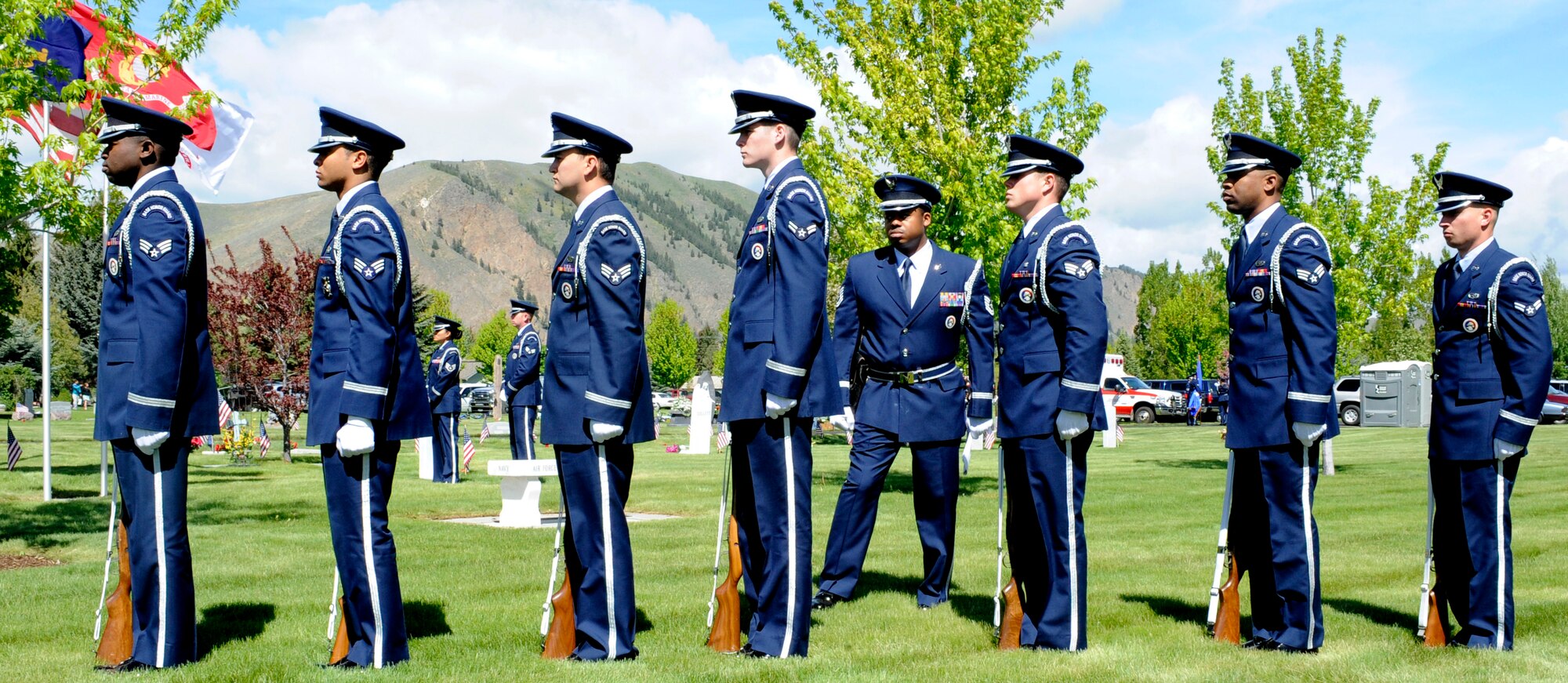 Members of the Mountain Home Air Force Base honor guard prepare for the Hailey Memorial Day Ceremony, May 27, 2013, in Hailey, Idaho. Over the years, the honor guard has made a habit of exhibiting the highest level of Air Force core values. (U.S. Air Force photo by Airman 1st Class Shane M. Phipps/Released)