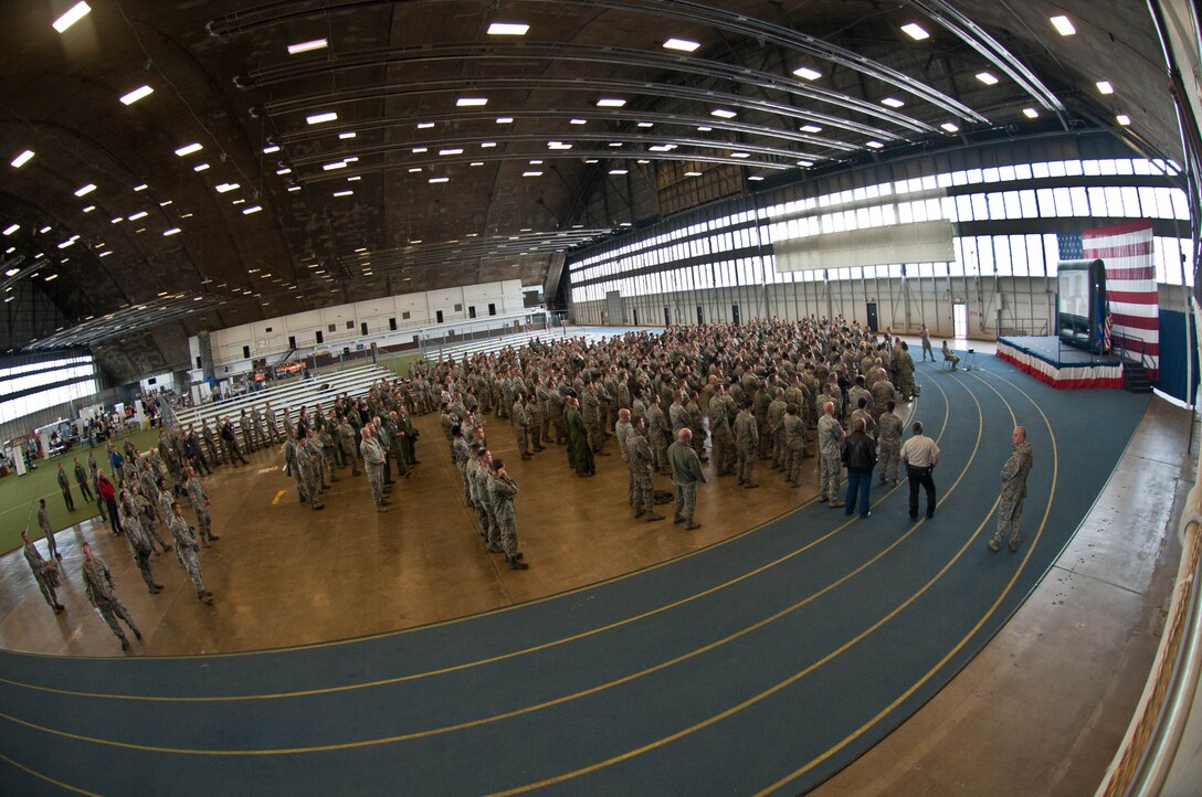 Ellsworth Airmen attend a safety briefing at the Pride Hangar during Comprehensive Airman Fitness Day at Ellsworth Air Force Base, S.D., May 22, 2013. The CAF Day focused on the physical fitness pillar of the CAF program, which includes mental, physical, social and spiritual fitness for Airmen, their families and civilians. (U.S. Air Force photo by Airman 1st Class Zachary Hada/Released)