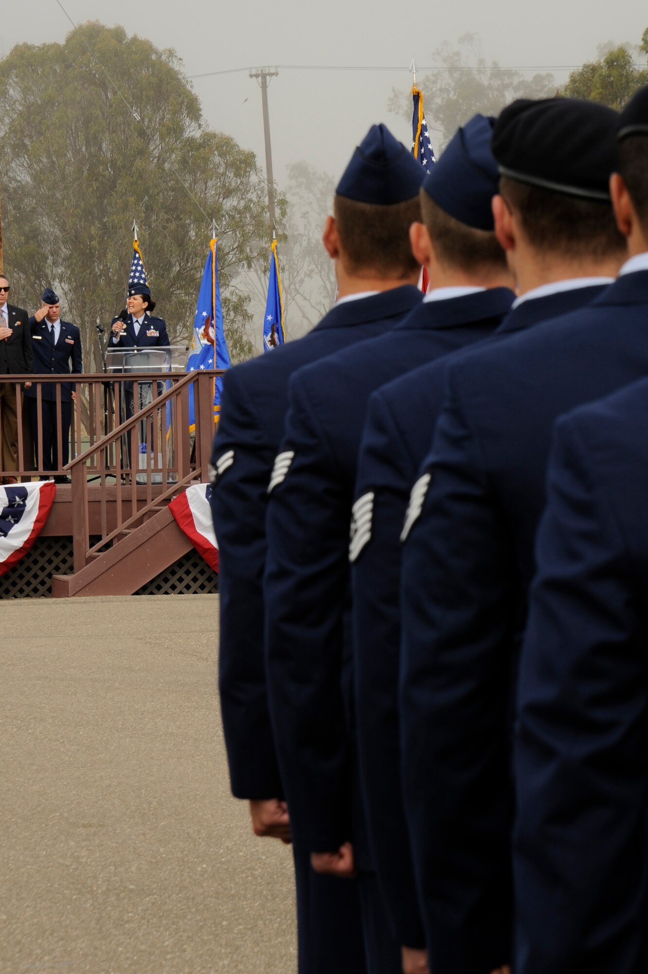 VANDENBERG AIR FORCE BASE, Calif. – Lt. Col. Mary Garbowski, 30th Medical Support Squadron commander, sings the national anthem during a change-of-command here Tuesday, May 28, 2013. Balts took command of the 30th SW at the ceremony from the former 30th SW commander, Col. Nina Armagno. (U.S. Air Force photo/Senior Airman Lael Huss)