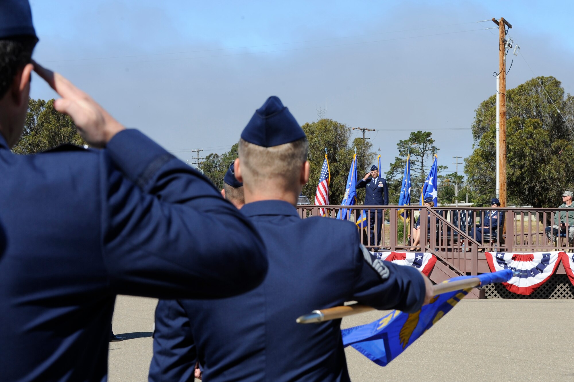 VANDENBERG AIR FORCE BASE, Calif. – Col. Keith Balts, 30th Space Wing commander, salutes the formation members of Team V during a change-of-command here Tuesday, May 28, 2013. Balts took command of the 30th SW at the ceremony from the former 30th SW commander, Col. Nina Armagno. (U.S. Air Force photo/Senior Airman Lael Huss)