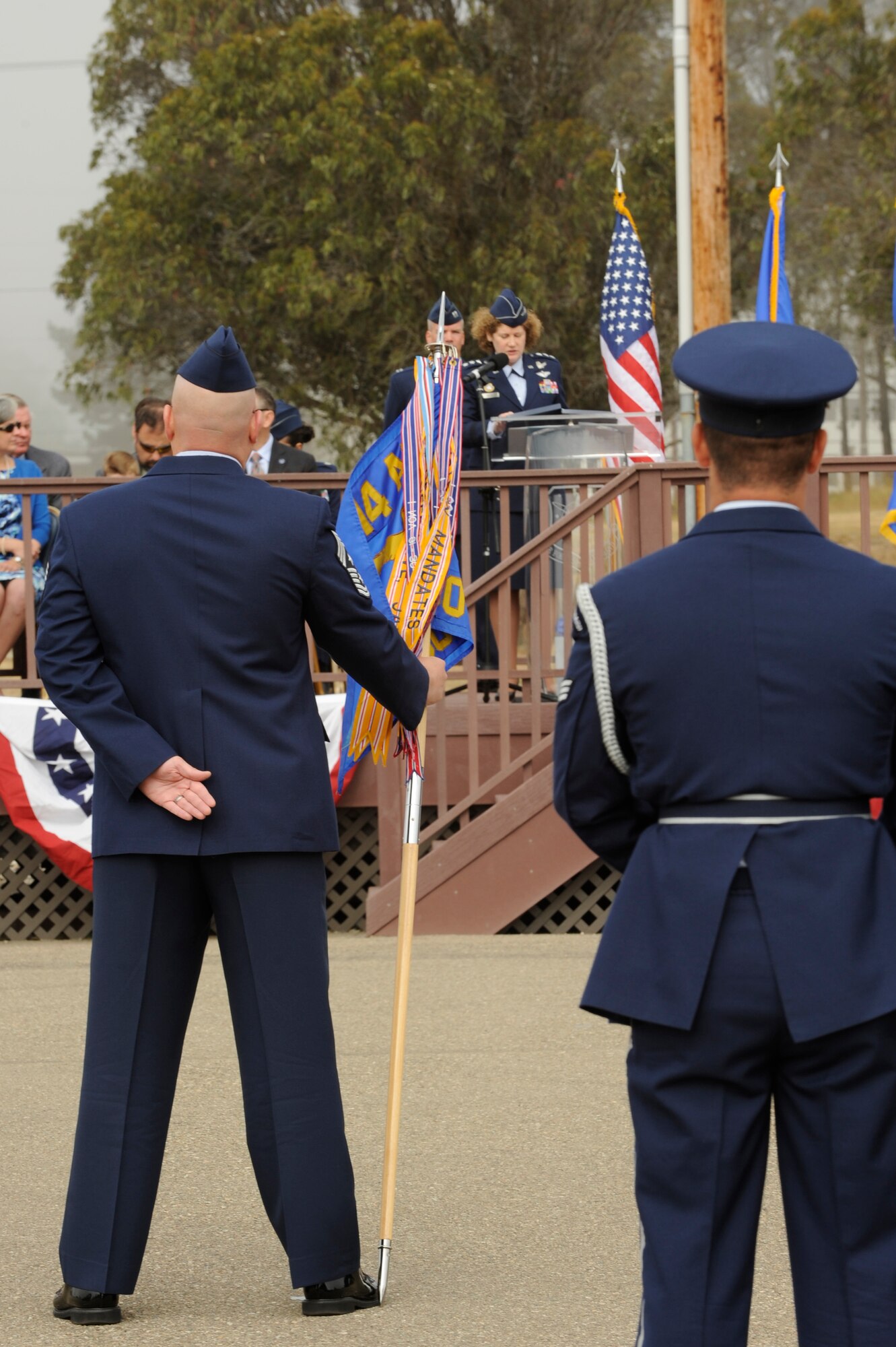 VANDENBERG AIR FORCE BASE, Calif. – Lt. Gen. Susan Helms, commander of U.S. Strategic Command’s Joint Functional Component Command for Space and 14th Air Force (Air Forces Strategic), speaks during a change-of-command here Tuesday, May 28, 2013. Col. Keith Balts took command of the 30th SW at the ceremony from the former 30th SW commander, Col. Nina Armagno. (U.S. Air Force photo/Senior Airman Lael Huss)