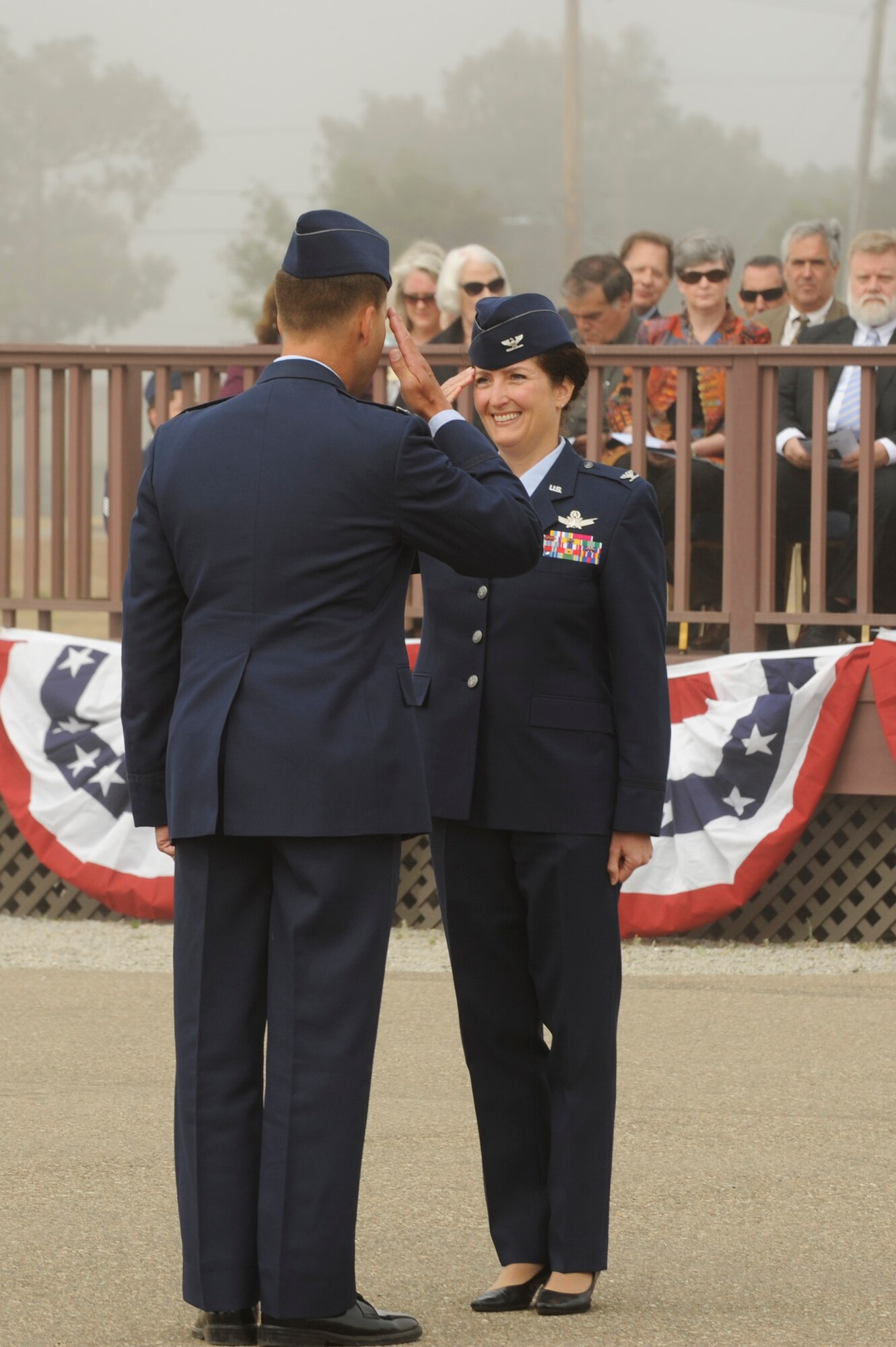 VANDENBERG AIR FORCE BASE, Calif. – Col. Nina Armagno, 30th Space Wing former commander, salutes Col. Brent McArthur, 30th SW vice commander, for a troop inspection during a change-of-command ceremony here Tuesday, May 28, 2013. Col. Keith Balts took command of the 30th SW at the ceremony from the former 30th SW commander, Armagno. (U.S. Air Force photo/Senior Airman Lael Huss)