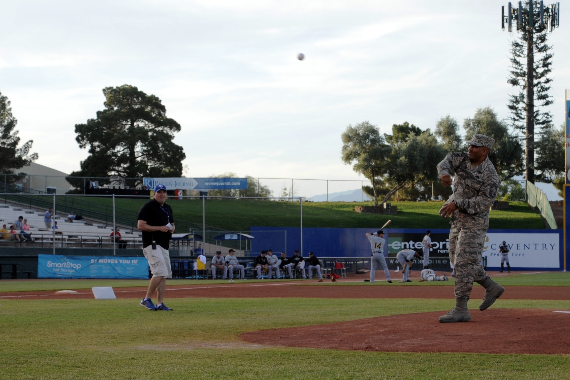 LAS VEGAS, Nev. -- The 432nd Wing and 432nd Air Expeditionary Wing interim Command Chief, throws the first pitch at a Las Vegas 51s game at Cashman Field May 24, 2013.  The 51s hosted a military appreciation night to honor past, present and future members of the U.S. military. (U.S. Air Force photo by 1st Lt. S.S./Released)