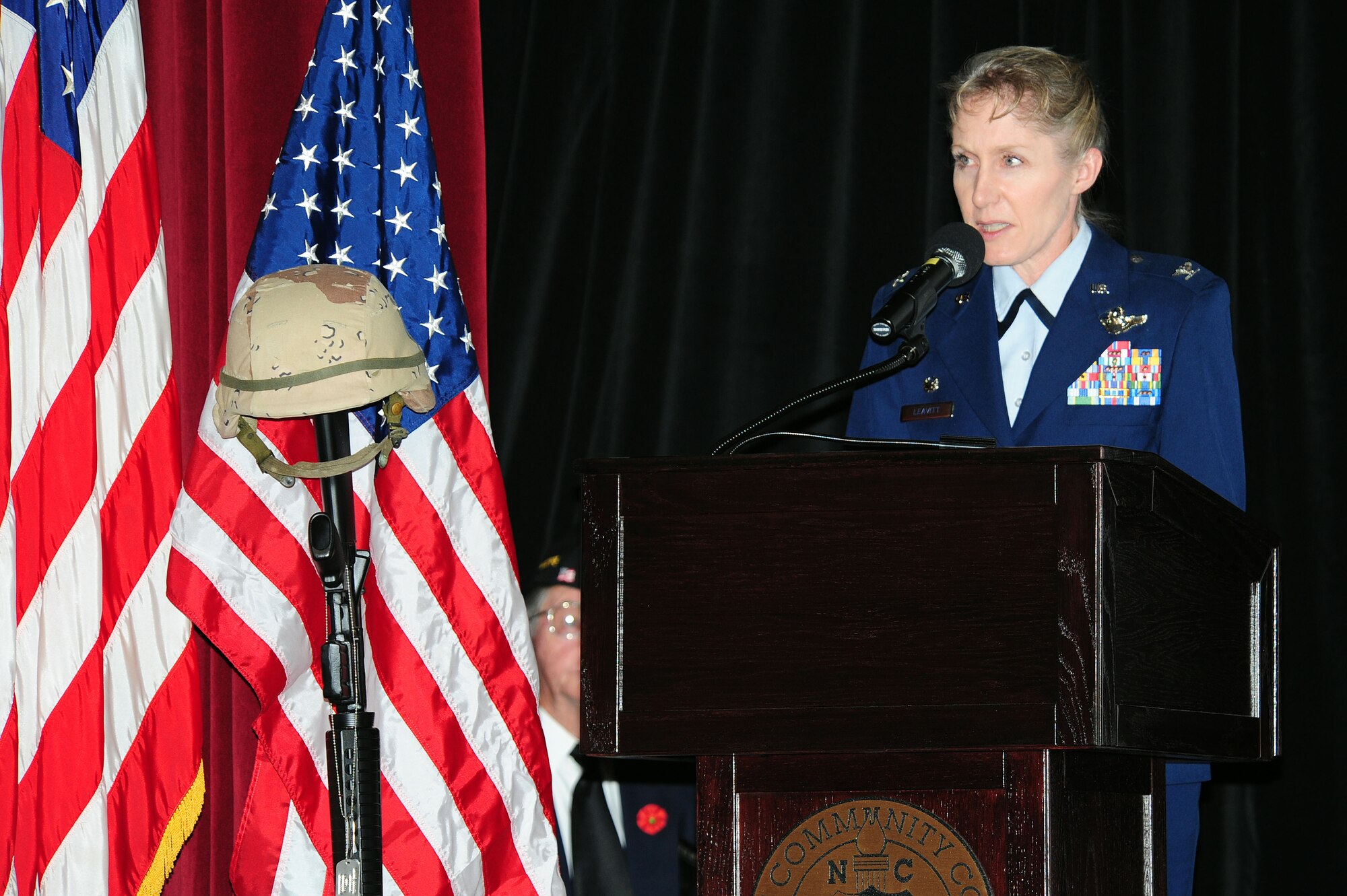 U.S. Air Force Col. Jeannie Leavitt, 4th Fighter Wing commander, speaks during the Wayne County Memorial Day Ceremony at Wayne Community College in Goldsboro, N.C., May 27, 2013. Leavitt reflected on the importance of Memorial Day and personal experiences she’s had while deployed overseas. (U.S. Air Force photo by Airman 1st Class John Nieves Camacho/Released)