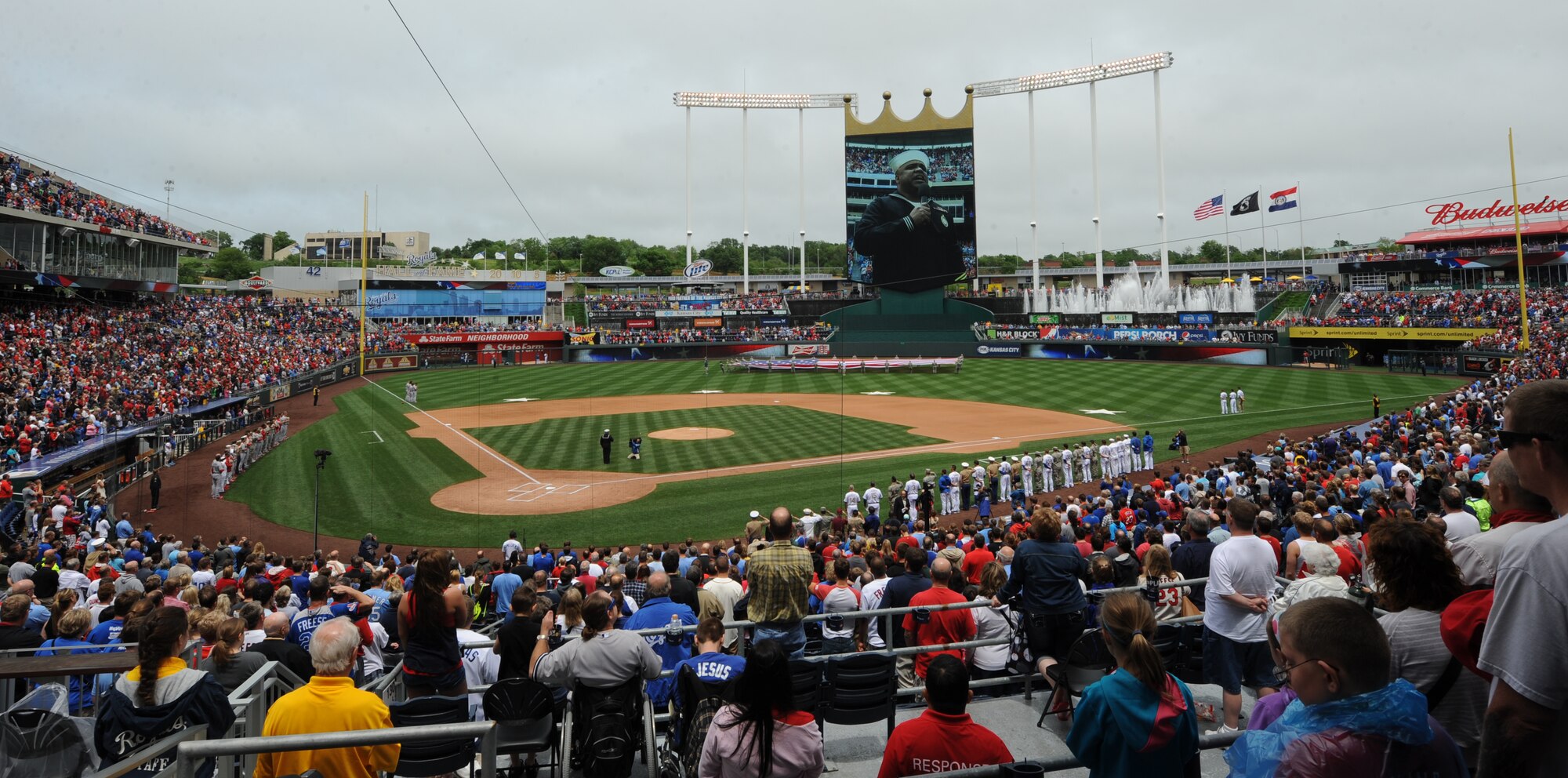 The Kansas City Royals honor the military during Armed Forces Day, May 27, 2013, at Kauffman Stadium in Kansas City, Mo., before their game against the St. Louis Cardinals. Thirty Airmen from Whiteman Air Force Base, Mo., presented the flag during the special pregame ceremony. (U.S. Air Force photo by Staff Sgt. Alexandra M. Boutte/Released)
