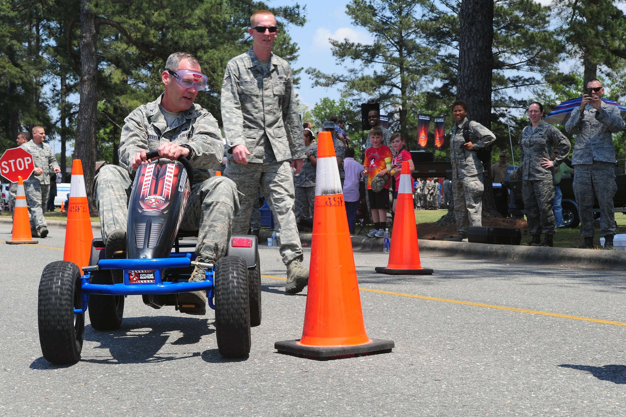 U.S. Air Force Col. Darrell Steele, 4th Maintenance Group commander, simulates drunk driving during the 4th Fighter Wing’s inaugural Comprehensive Airmen Fitness day at Seymour Johnson Air Force Base, N.C., May 17, 2013. Members of Team Seymour wore glasses that simulated different levels of intoxication and drunk driving results. (U.S. Air Force photo by Airman 1st Class John Nieves Camacho/Released)