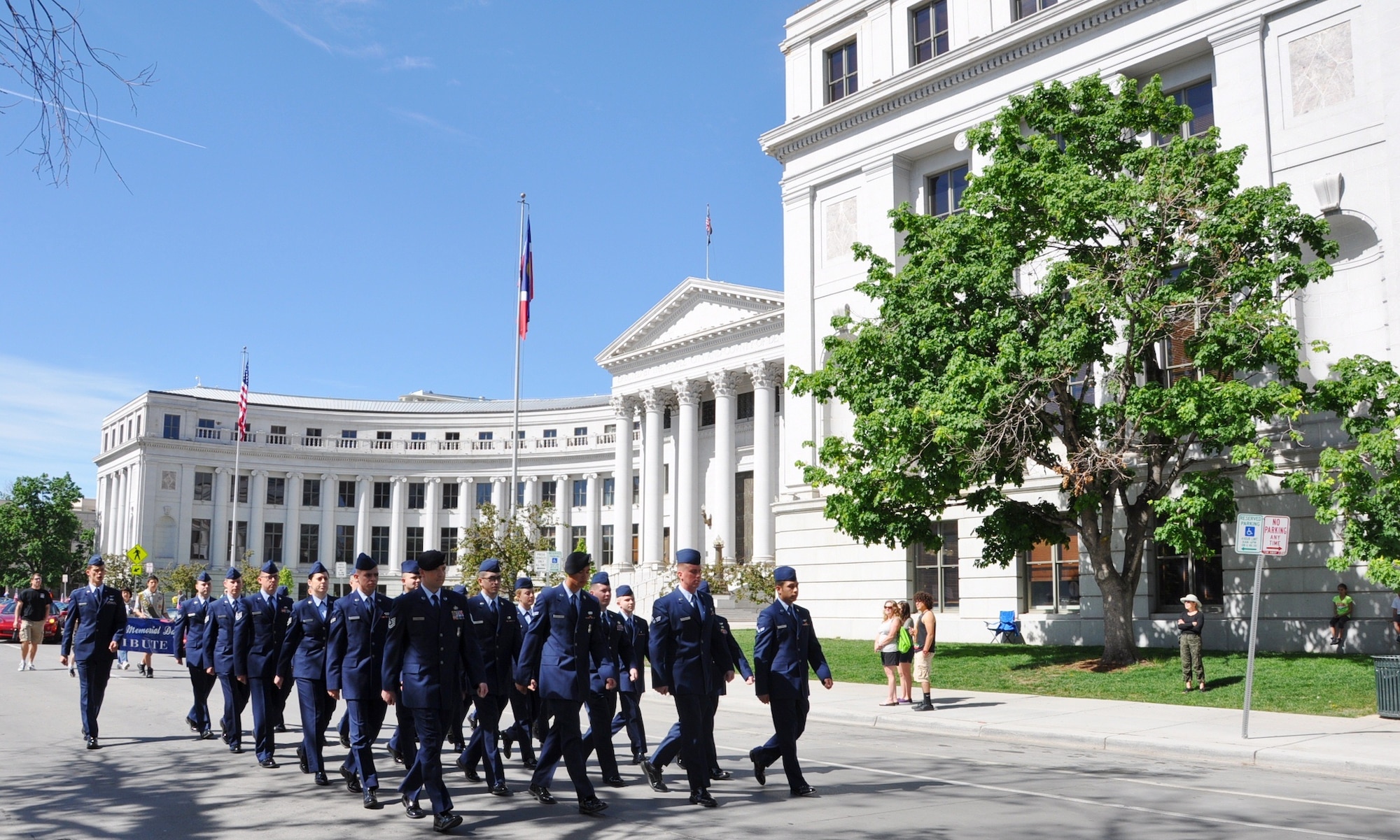 Buckley Air Force Base Airmen march by the Colorado State Capitol Building during the 2013 Memorial Day Parade May 25, 2013, in Denver. The formation of Buckley Airmen was one of approximately 40 entries in the annual parade hosted by the Denver United Veterans Council. (U.S. Air Force photo by Staff Sgt. Kali L. Gradishar/Released)